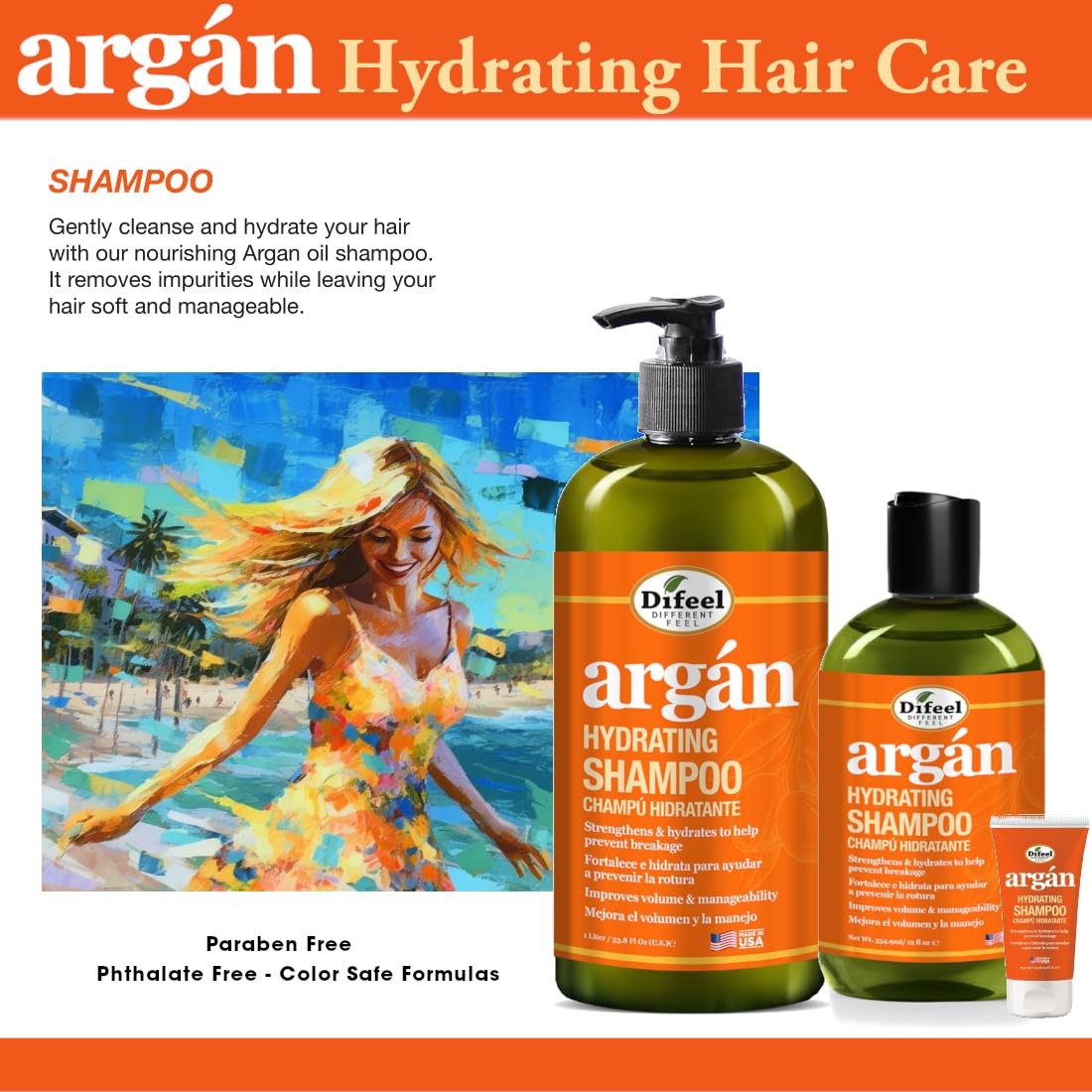 Difeel Shampoo idratante di argan, 350 ml, shampoo all'olio di argan, shampoo per capelli naturale senza solfati