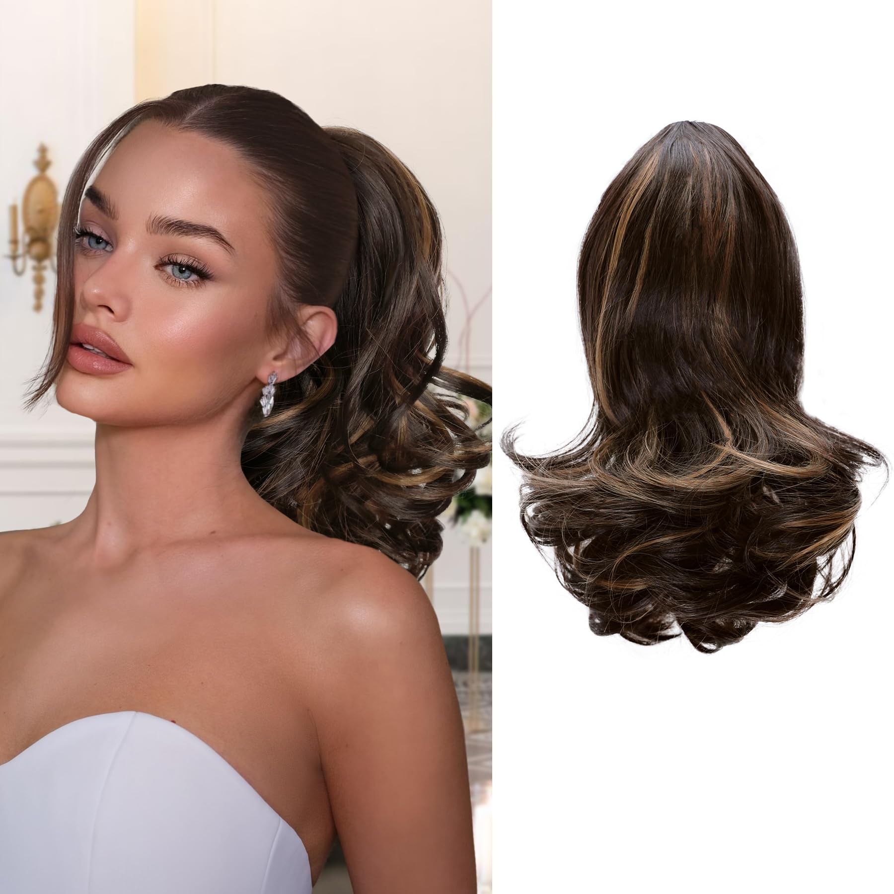 MOCA HAIR Ponytail Extension,Dark Brown Mixed Chestnut 12 Inch Claw Clip Ponytail Extension, Soft Wavy Curly Clip on Ponytails for Women Heat