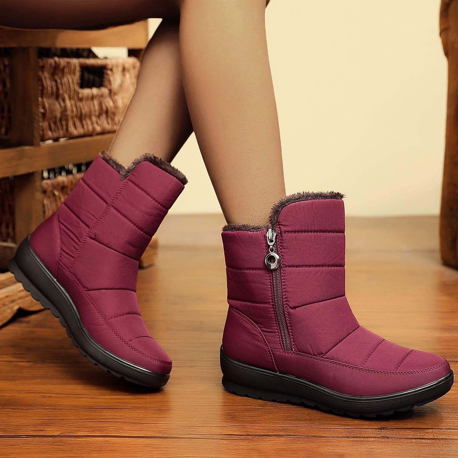 Scarpe invernali da donna foderate, stivali da neve da donna alla caviglia, stivali invernali caldi, stivali da donna a mezza altezza, stivali lunghi impermeabili, Colore: rosso, 37 EU