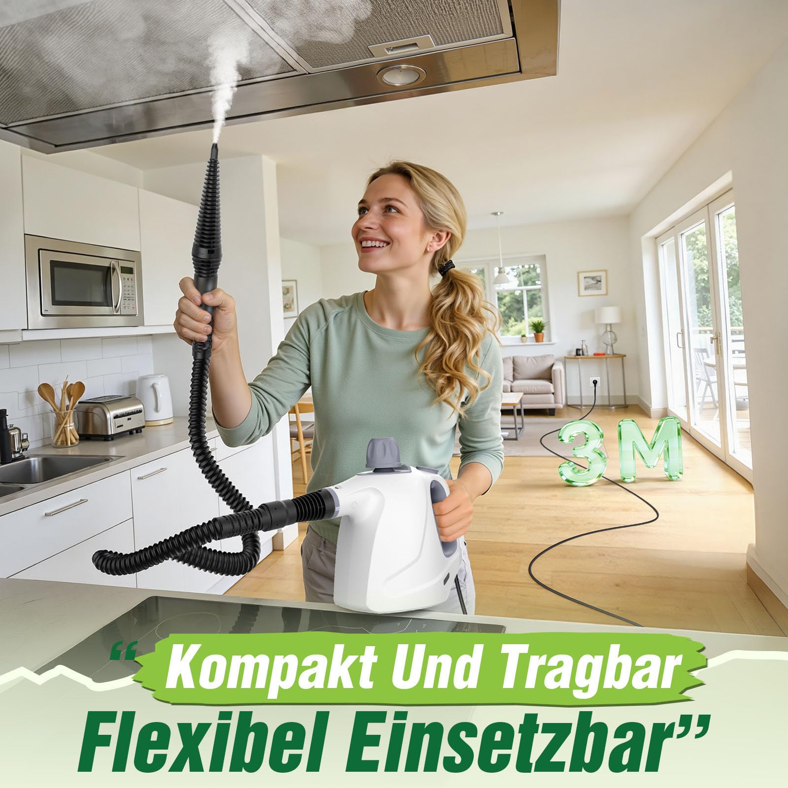 Vaporeta Limpieza Hogar, 1050W 110℃ 3,2Bar Alta Presión Vaporeta de Mano con 10 Accesorios, 100% sin Químicos, Grasa & Suciedad Steam Cleaner, Limpiador a Vapor Portátil para Cocina, Ventanas (Blanco)