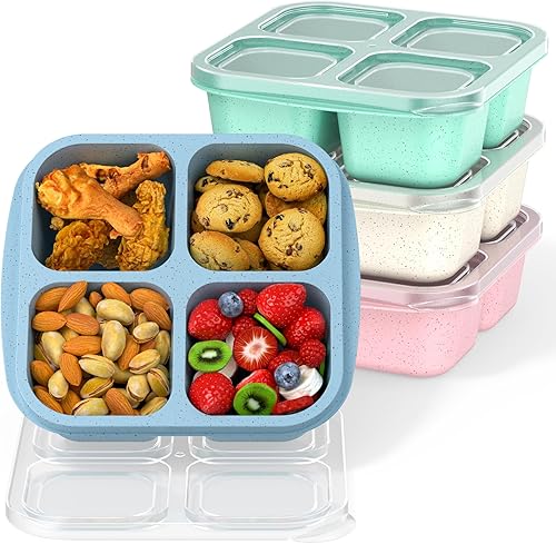 Cajas Bento para Aperitivos (Paquete de 4) - Contenedores Reutilizables de 4 Compartimentos para Preparación de Comida para Niños y Adultos,