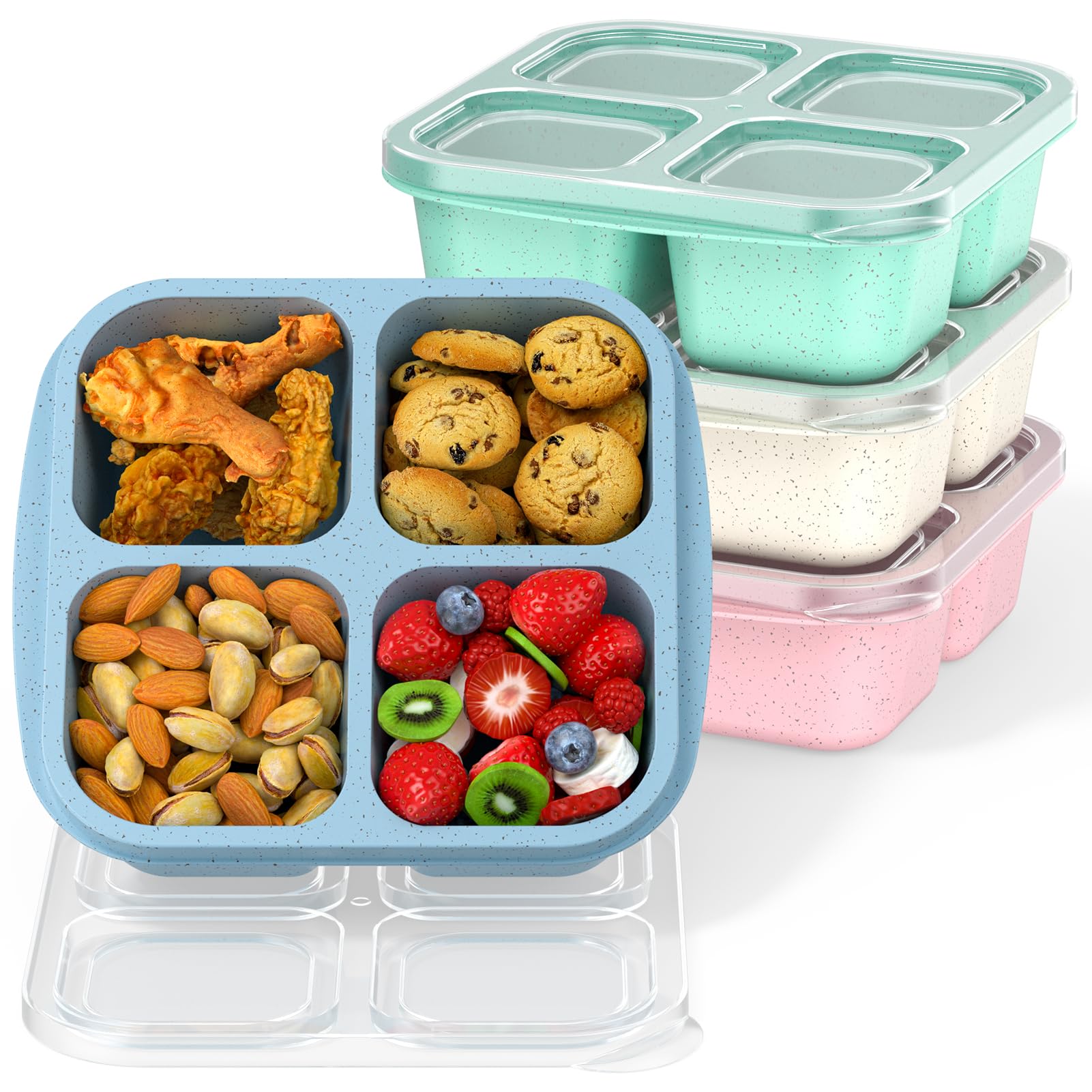 RGNEIN Bento Snack Boxes (4 Pack)- Reusable 4-Compartment Meal Prep Containers for Kids and Adults, Perfect Food Storage School, Compact Stackable (Wheat(Green/Blue/PK/Beige))