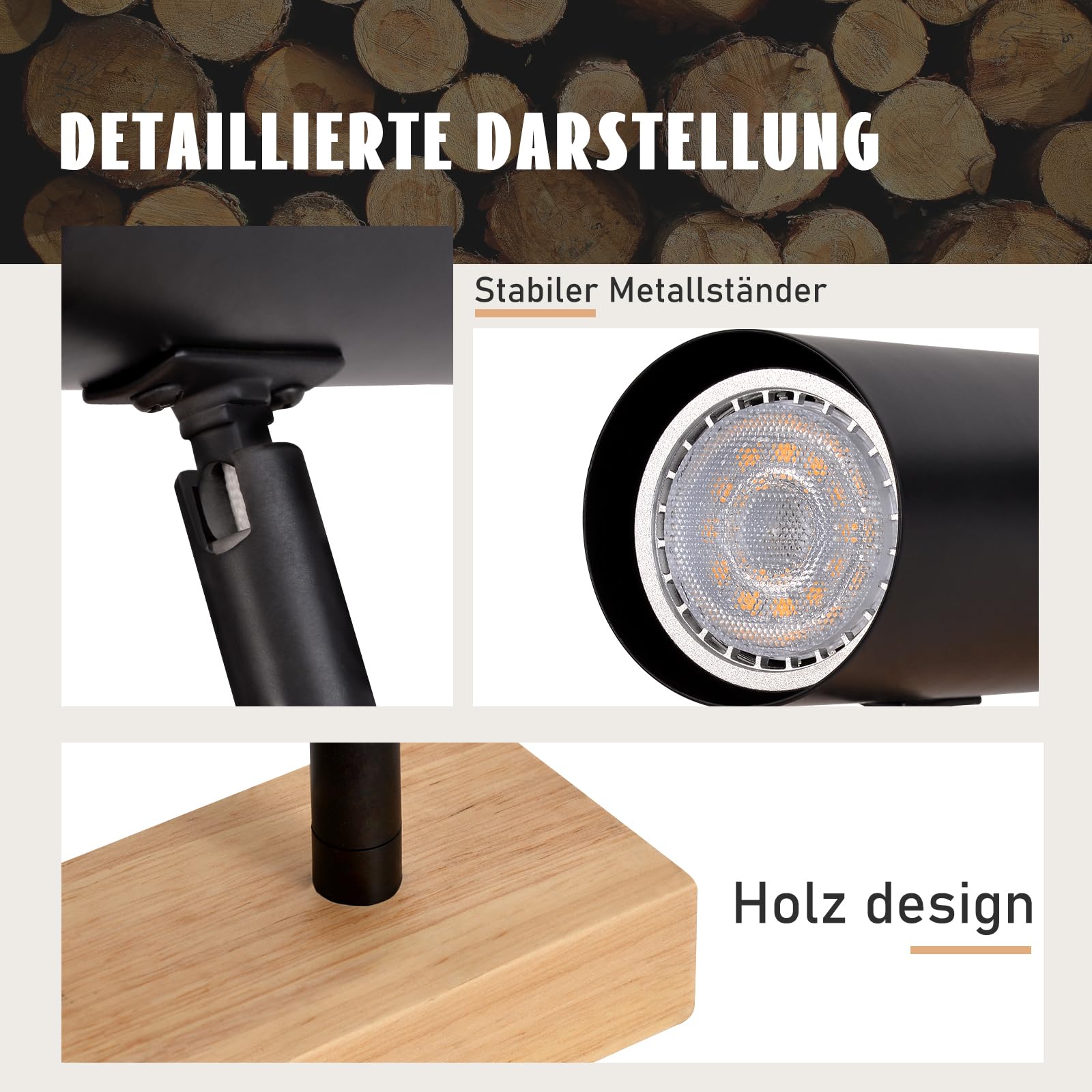 Glitzerlife Deckenstrahler 2 Flammig Deckenlampe Holz - Flurlampe Deckenspots GU10 Deckenleuchte Schwarz 350° Schwenkbar Vintage Industrial Retro für Flur Wohnzimmer Schlafzimmer Küche Esszimmer