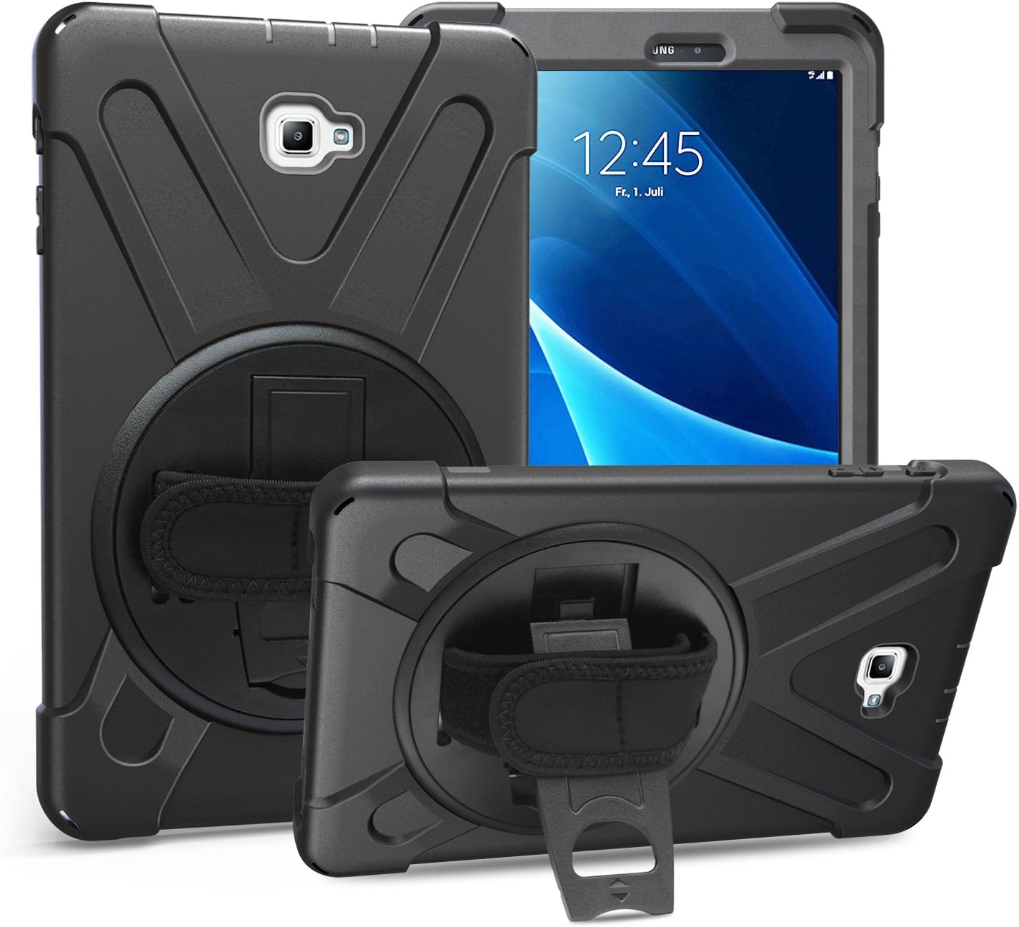 Samsung Galaxy Tab A 10.1 Case, Heavy Duty Rugged Full-Body Hybrid Shockproof Drop Protection Cover with Kickstand and Hand Strap for for Galaxy Tab A 10.1 Inch Tablet SM-T580/T585 (Black)