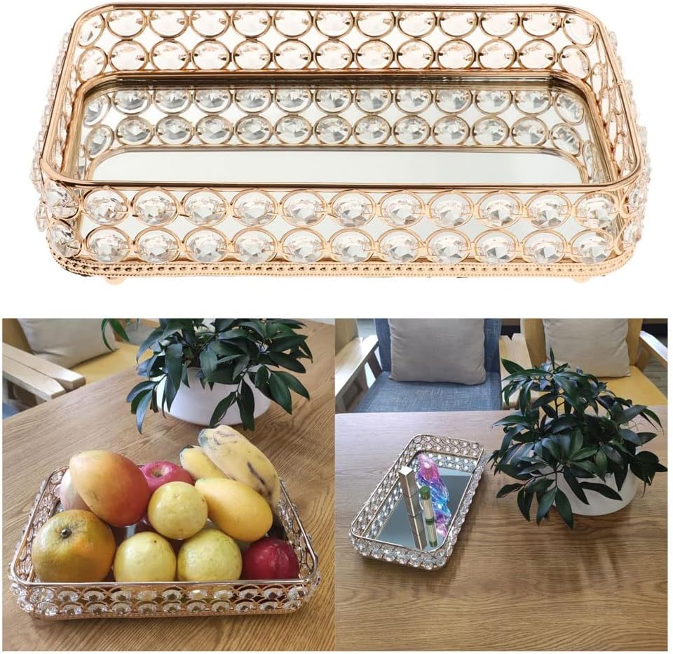 アシュルティジョ 鏡面クリスタルトレイテーブルデスク装飾ジュエリー香水スキンケアメイクアップストレージオーガナイザーサービングトレイ