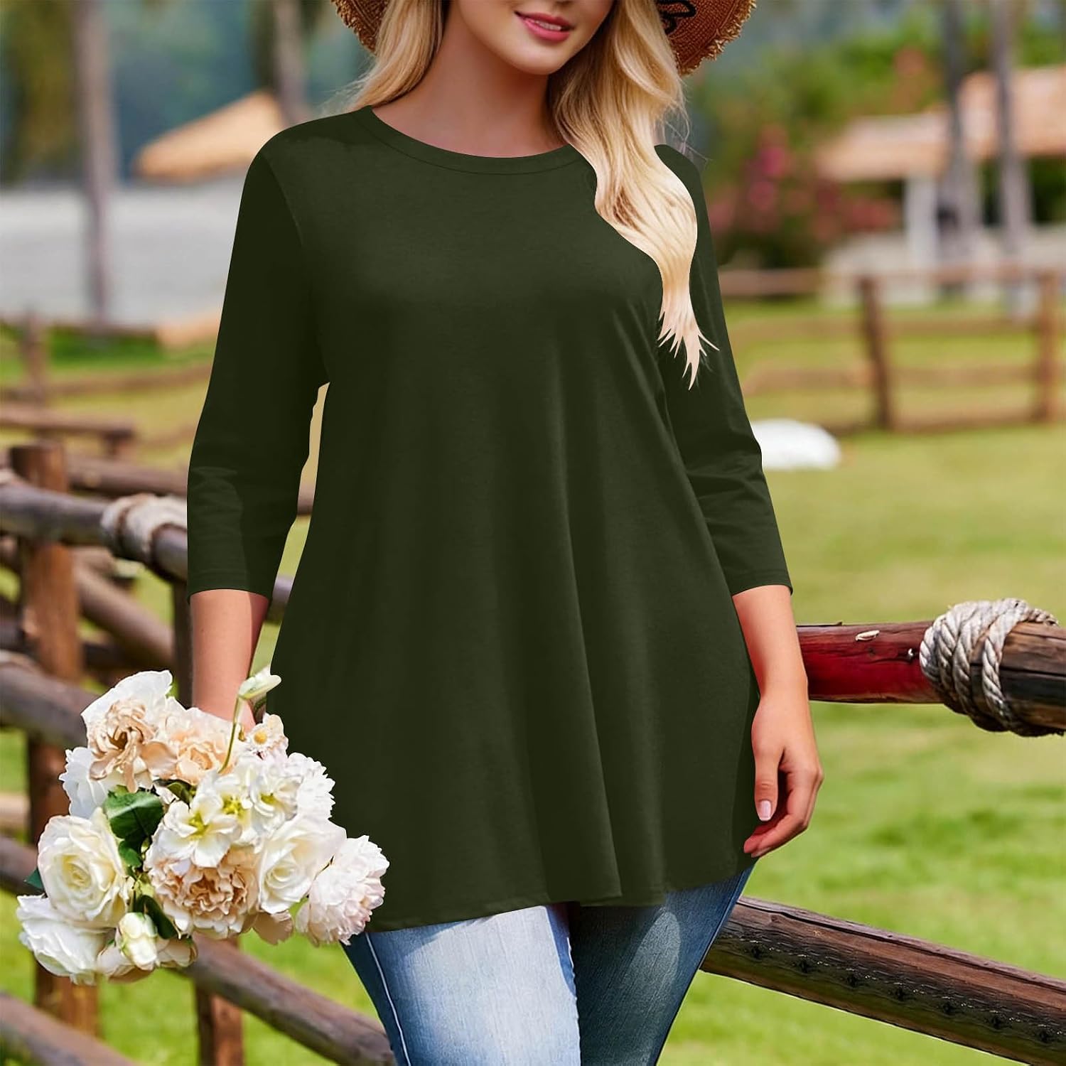 3/4 Length Sleeve Womens Tops Crew Neck T Shirts Casual Tunic Blouses Loose Fit Spring Summer Beach Vacation Clothes