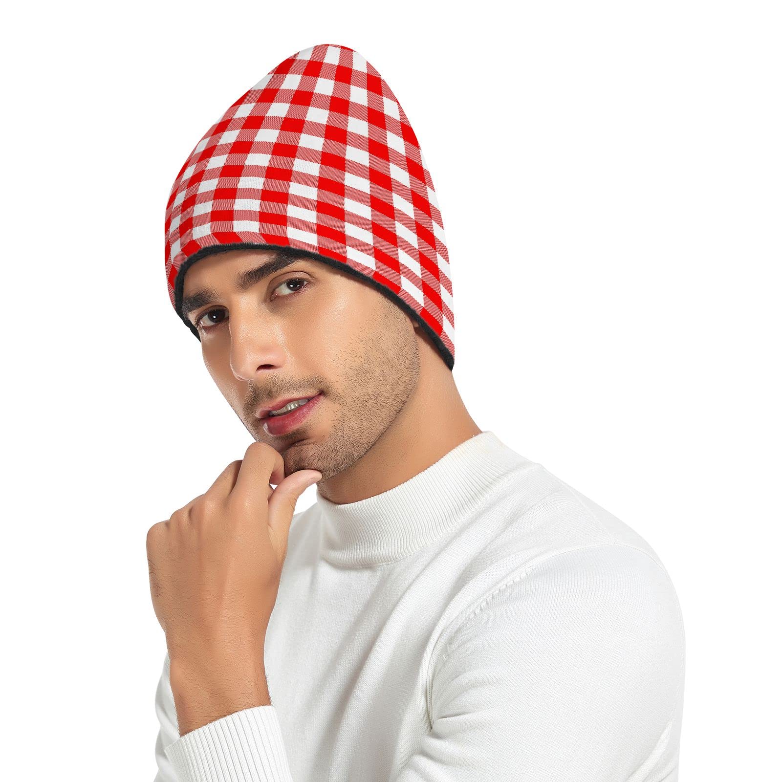 Slouchy Knit Beanie Skull Cap Cuffed Plaid Winter Hat Unisex Warm Red Beanie Hat Unisex Buffalo Plaid Beanie Hat - Soft Winter  main image 4
