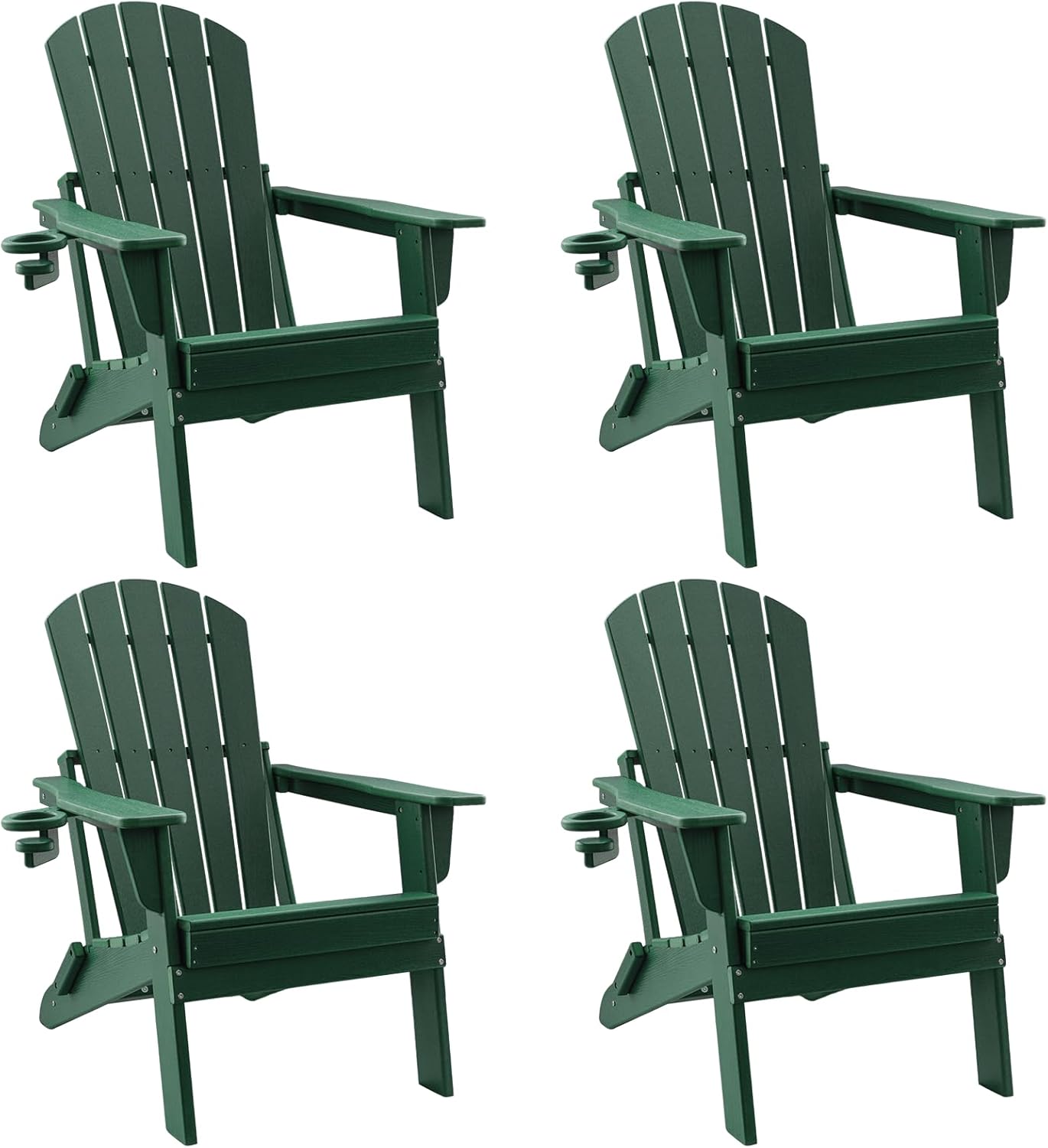 Upland HDPE Folding Adirondack Chair with Cup Holder,Weather-Resistant, Low Maintenance,Supports up to 400lbs,Green,4 Pack