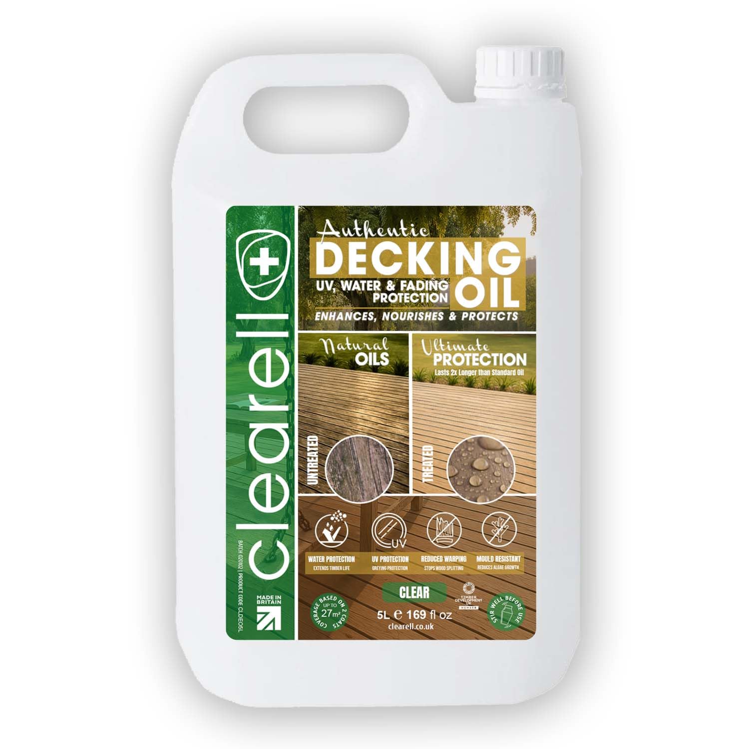 Clearell 5L | Decking Oil | Clear – Nourishes & UV Protects Outdoor Wood - Water Protection Sealer & Preserver Suitable for All Decking, Fences, Sheds & Furniture - Softwood & Hardwood - 5 litres