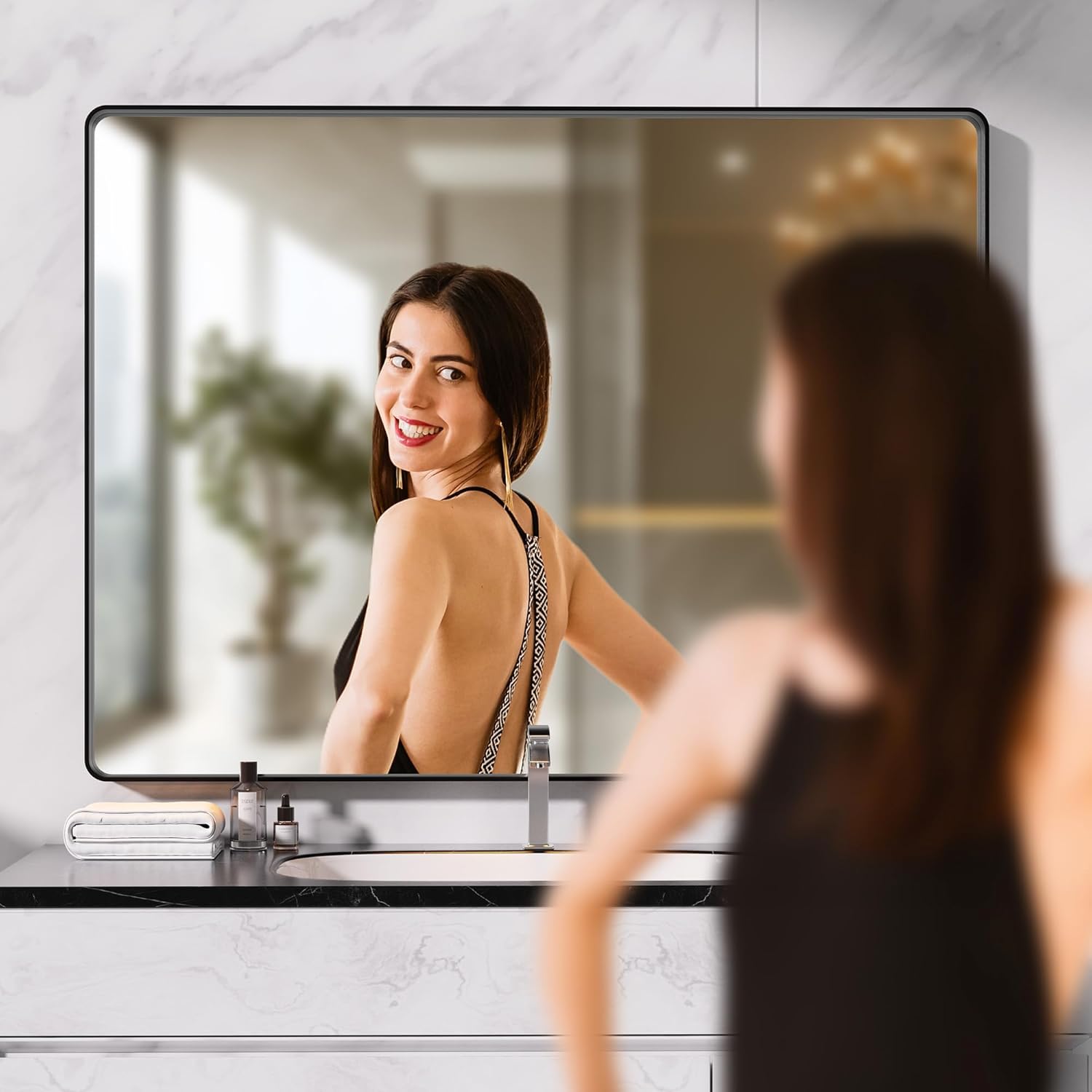 Hasipu Black Bathroom Mirror for Wall, 72 x 36 Inch Metal Framed Bathroom Mirrors for Over Sink, Rectangle Bathroom Vanity Mirror, Anti-Rust, Tempered Glass, Horizontal or Vertical