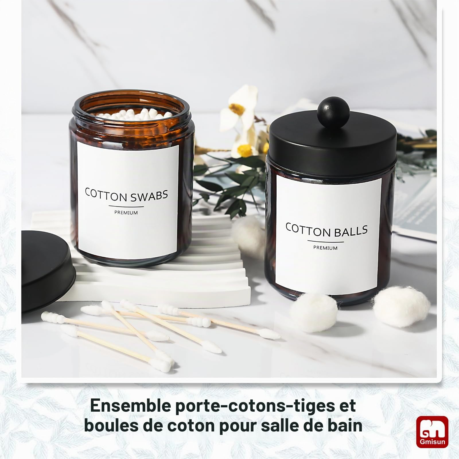 GMISUN Lot de 5 accessoires de salle de bain en verre ambré, distributeur de savon marron et porte-brosse à dents, comptoir d'évier avec étiquettes, décoration bain
