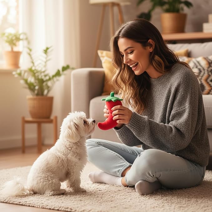 Juguete para perro de tela con sonido forma de ají rojo miniatura 5