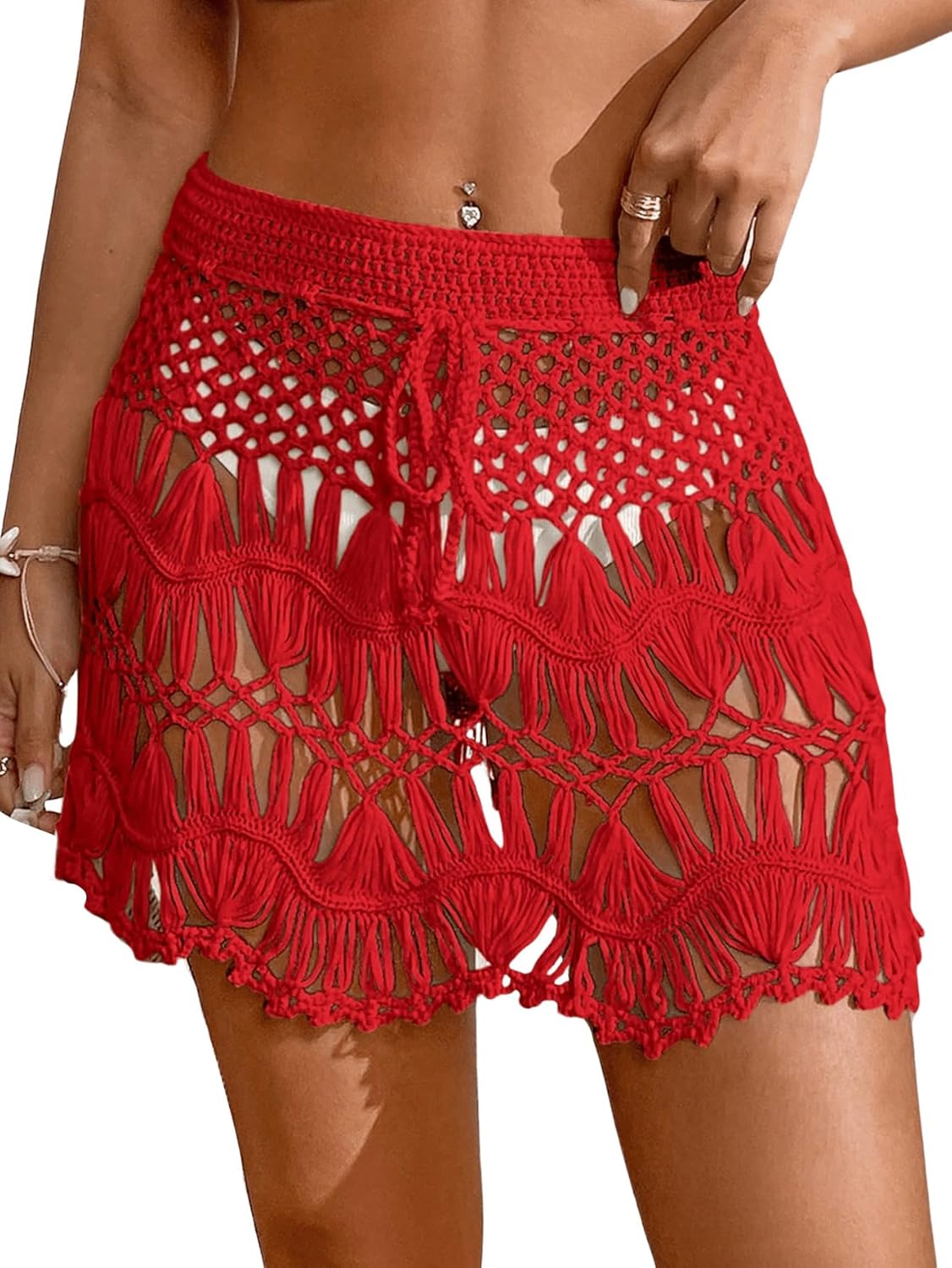 MakeMeChic Women's Swimsuit Coverup Crochet Skirt Tie Waist Bathing Suit Knit Beach Mini Skirt for Vacation