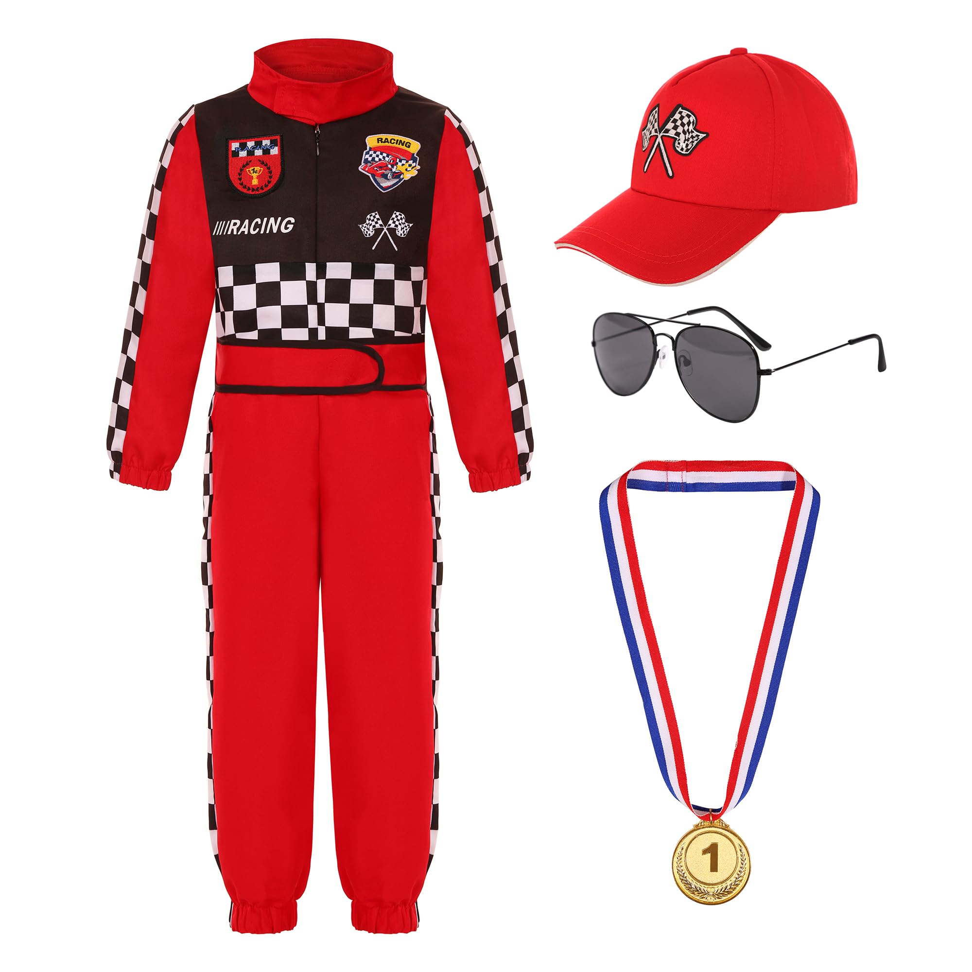 Kids Race Car Driver Costume Boys Girls Racer Jumpsuit With Car Cap Kids Dress Up for Halloween