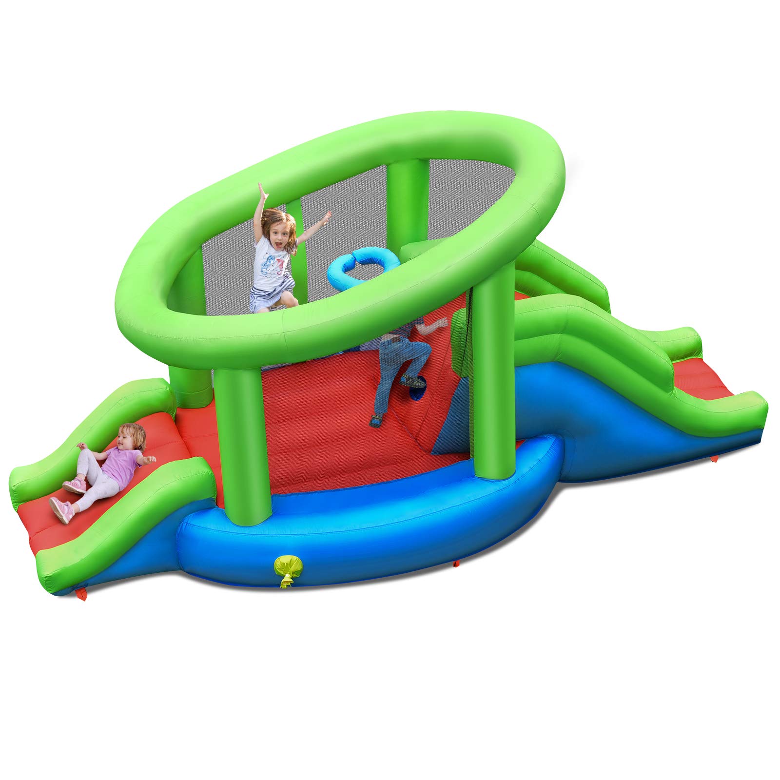 COSTWAY Castillo Hinchable de Rebote, Saltarín con 2 Toboganes y Aro de Baloncesto, Inflable de Escalada y Tobogán con Parches de Reparación y Pelota para Uso en Interiores y Exteriores (sin soplador)