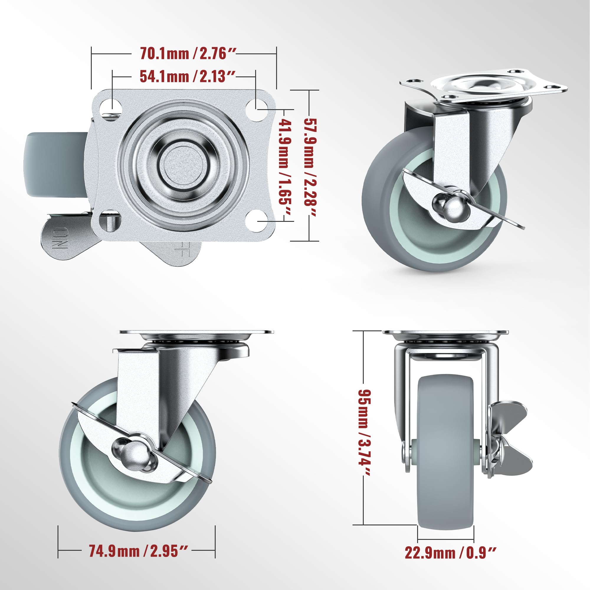 HOLKIE Ruota per mobili da 75 mm con freno laterale, silenziosa e resistente all'usura, utilizzata per mobili, banco da lavoro o altre applicazioni. Capacità di carico massima 227 kg