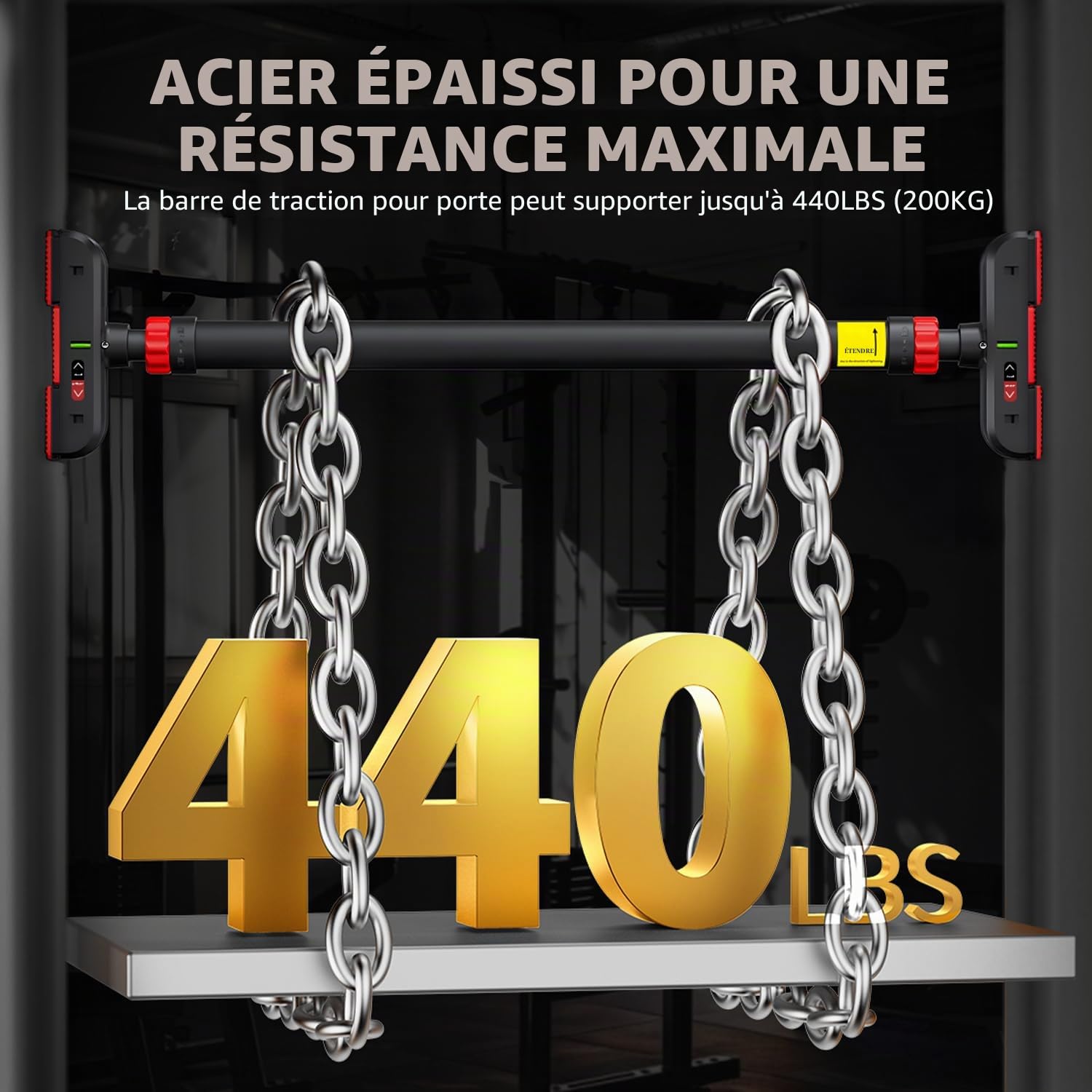 Barre de Traction réglable (72-120 cm), Barre de Tractions Porte, Barre de Traction sans Fixation Installation sans Vis, Chargeable Jusqu'à maximum 200 kg, Pour le Fitness à la Maison