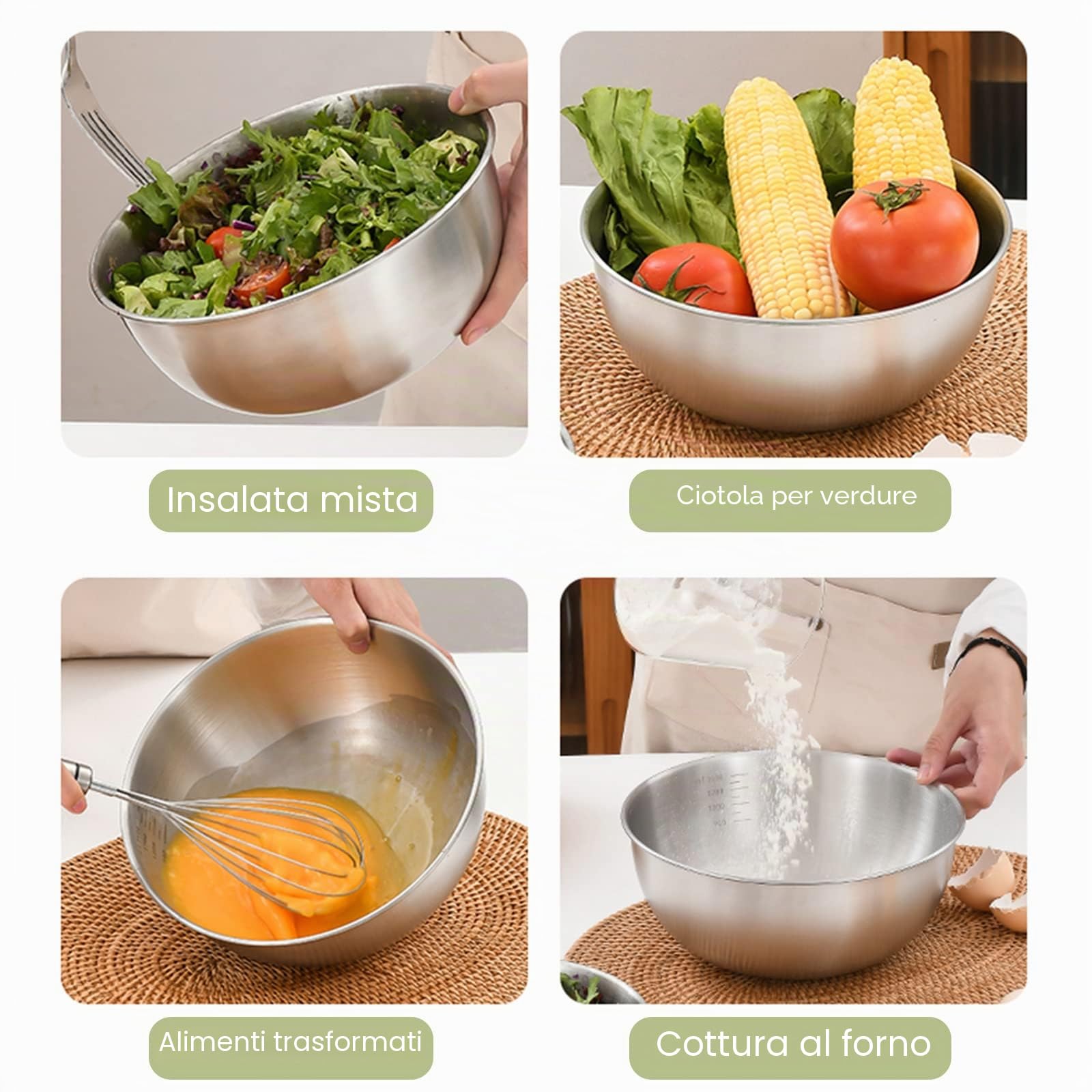 Set di 4 Ciotole Acciaio Inox Cucina con 4 Dimensioni (0,7 l/ 1,2 l/ 1,8 l/ 2,5l) Impilabili e Lavabili in Lavastoviglie