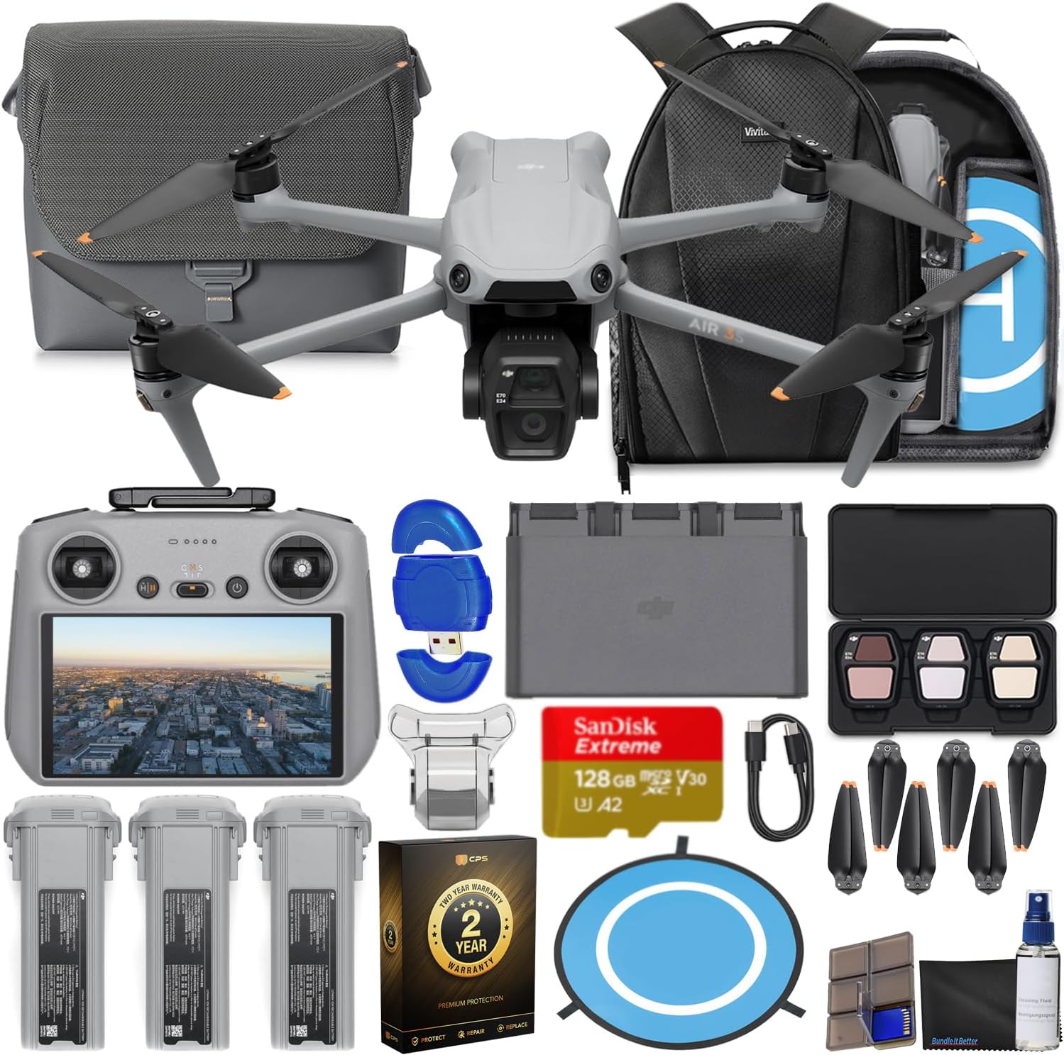 Air 3S Drone with RC 2 Fly More Combo (with Screen) 4K HDR, 45-Min Max Flight Time Bundle with 128GB Memory, Landing Pad, Backpack, CPS 2 Year Warranty, Lens Cleaning Kit and More