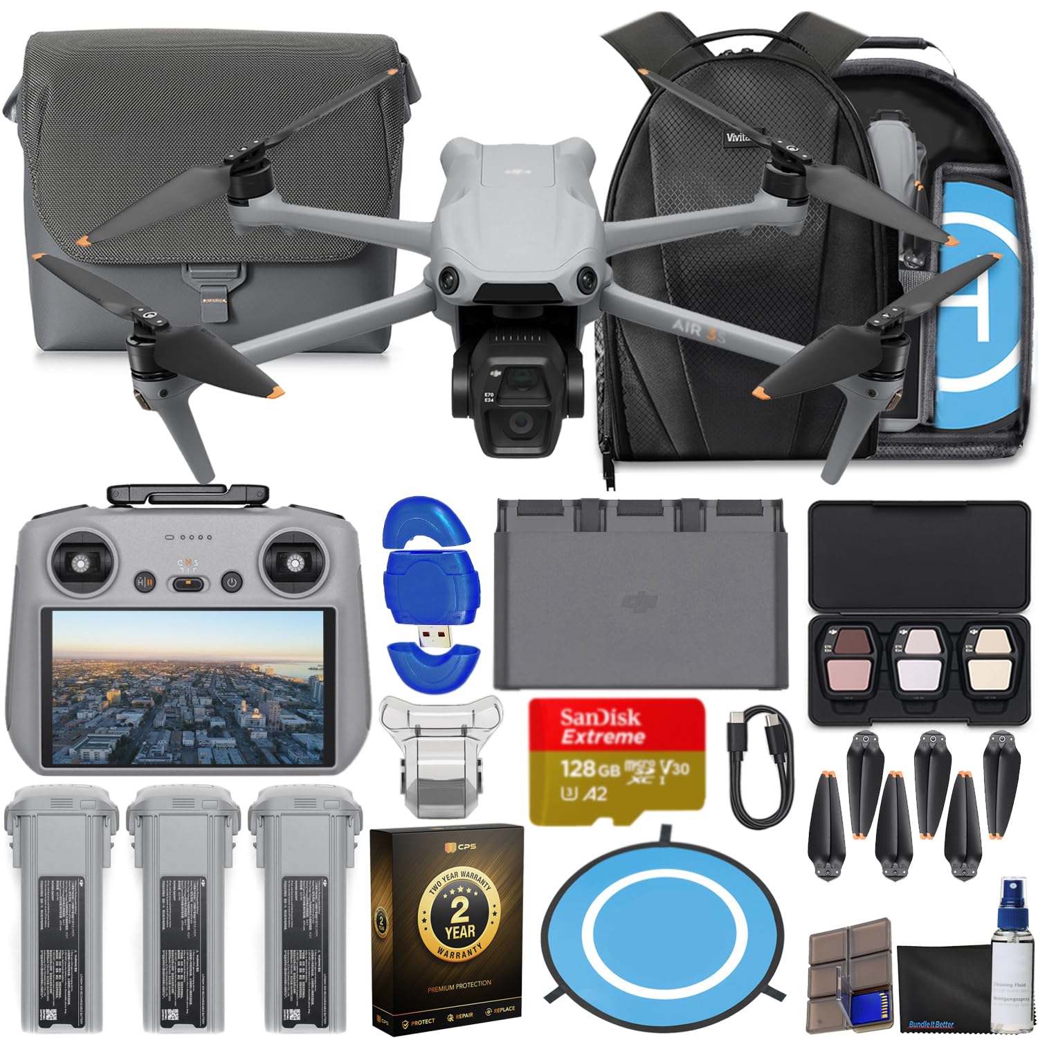 DJIAir 3S Drone with RC 2 Fly More Combo (with Screen) 4K HDR, 45-Min Max Flight Time Bundle with 128GB Memory, Landing Pad, Backpack, CPS 2 Year Warranty, Lens Cleaning Kit and More