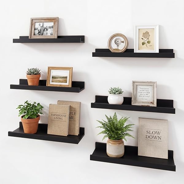 Acovy Picture Ledge Shelf, MDF Wood Floating Shelves Set of 2, Picture Ledge Photo Ledge Wall Mounted for Living Room Ki