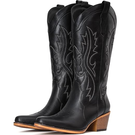 IUV Cowboy Boots For Women Western Cowgirl Boots with Chunky Heel Mid Calf Snip Toe Ideal for low insteps