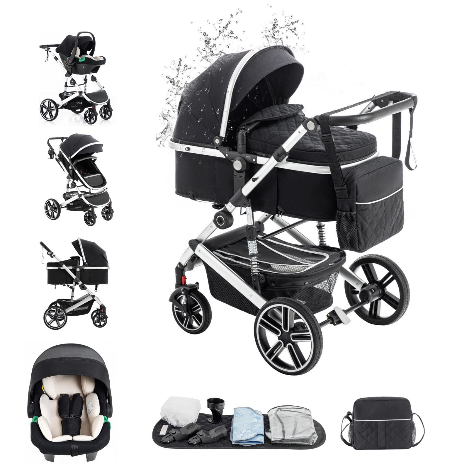 3 en 1 Carrito Bebé, Cochecito Bebe con ECE R129 Asiento de Coche, Cochecito con Mango Ajustable de Altura, Cochecito Carro de Visión alta con Marco de Aluminio (22KG, 0-4 Años)