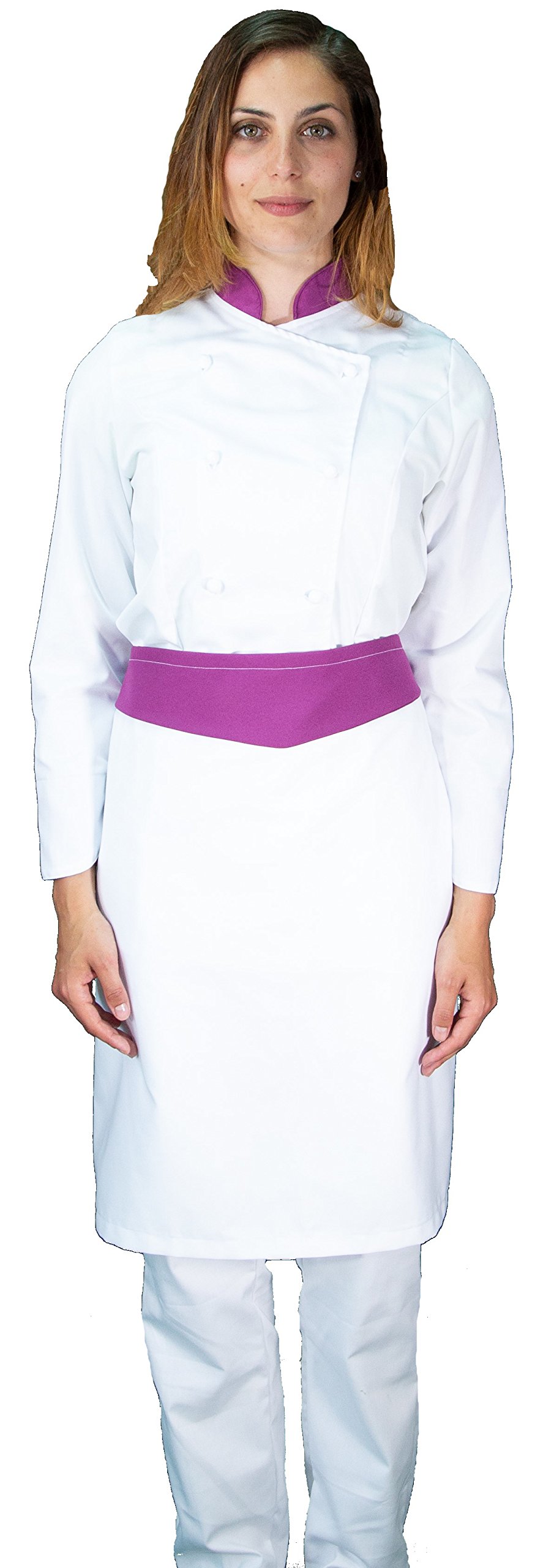 Ricamo Gratuito - Completo Cuoco da Cucina - Bianco e Viola Scuro - Divisa Chef Donna - Pantalone, Giacca e Grembiule - Made in Italy