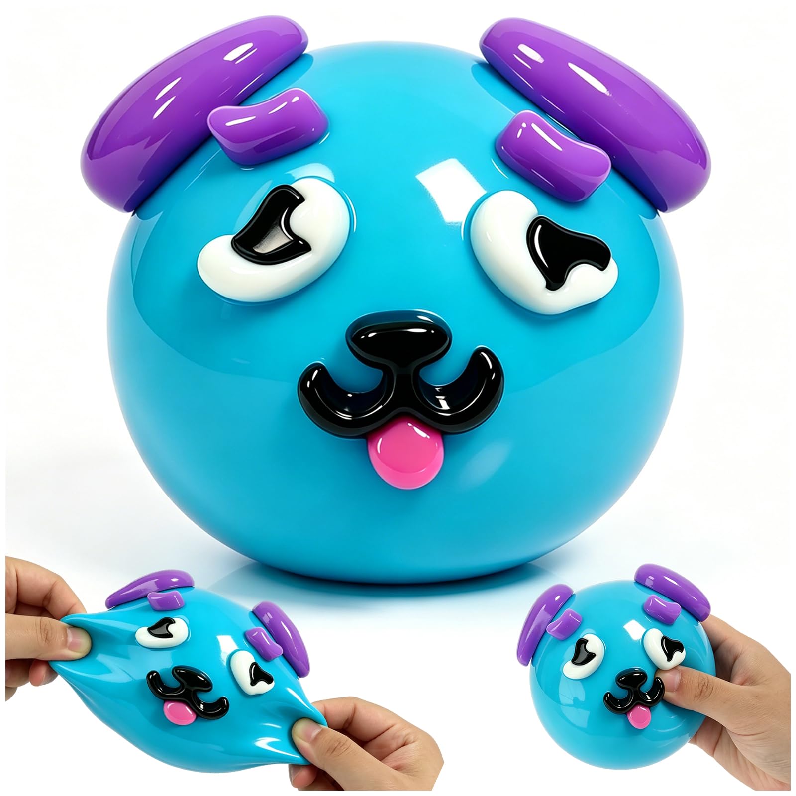 Smushers Dog Face Squishy, Interchangeable Facial Parts DIY Fidget Toys, Soft TPR Squeeze Toys for Anxiety Relief for Kids & Adults Stress Relief, Squishy Stress Ball Gift for Office Desk(Blue)