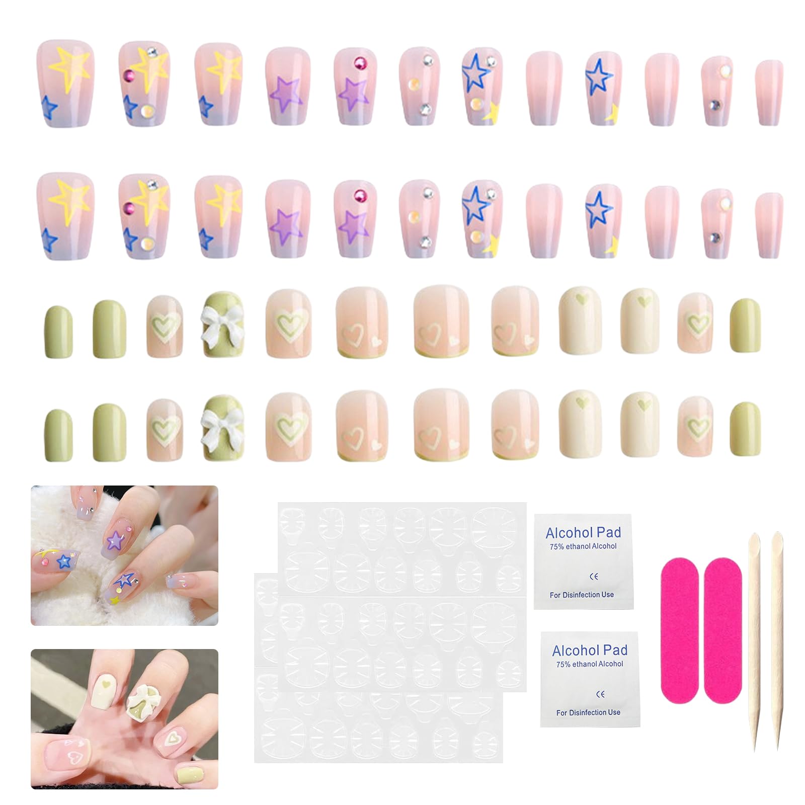 ExcellaElite 48 Pcs Kids Stick on Nails Sets for Girls Cute Full Cover Glitte Kids Press on Nails with Tools for Lovely Gift Art Decoration