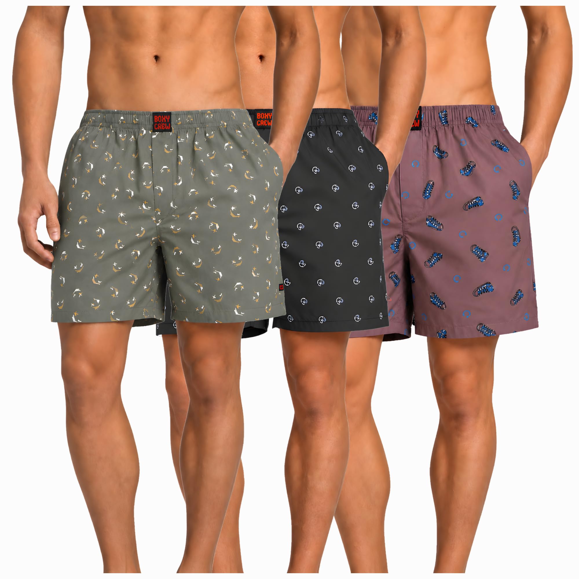 Men's 100% Cotton Boxer Shorts Pack of 3, Green, Navy Blue & Mauve | Woven Boxers with Side Pockets, No-Marks Elastic Waistband, Breathable Relaxed Fit | Style 008-009-015-image-43