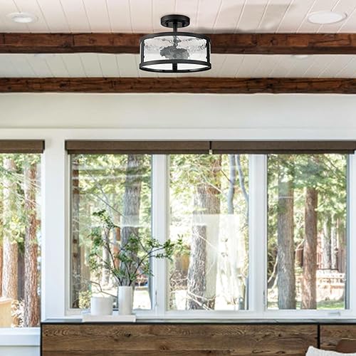 Miniatura 6 de Lámpara de techo semiempotrada de estilo casa de campo, accesorios de luz negra, 2 luces con vidrio martillado para dormitorio, cocina, baño, entrada