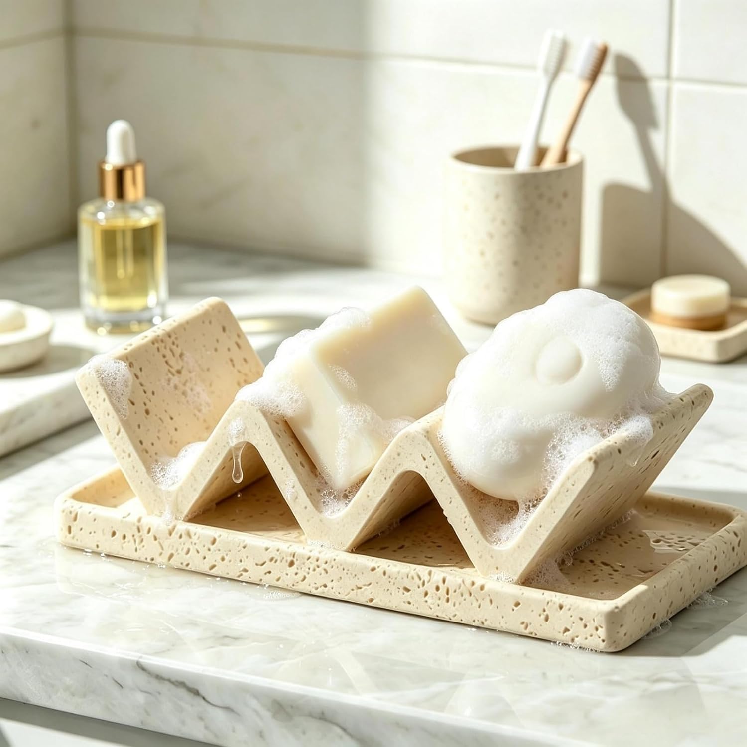 Artificial Sandstone Soap Dish Self-Draining, Non-Slip Bar Soap Holder Tray for Shower, Sink, and Countertop image 2