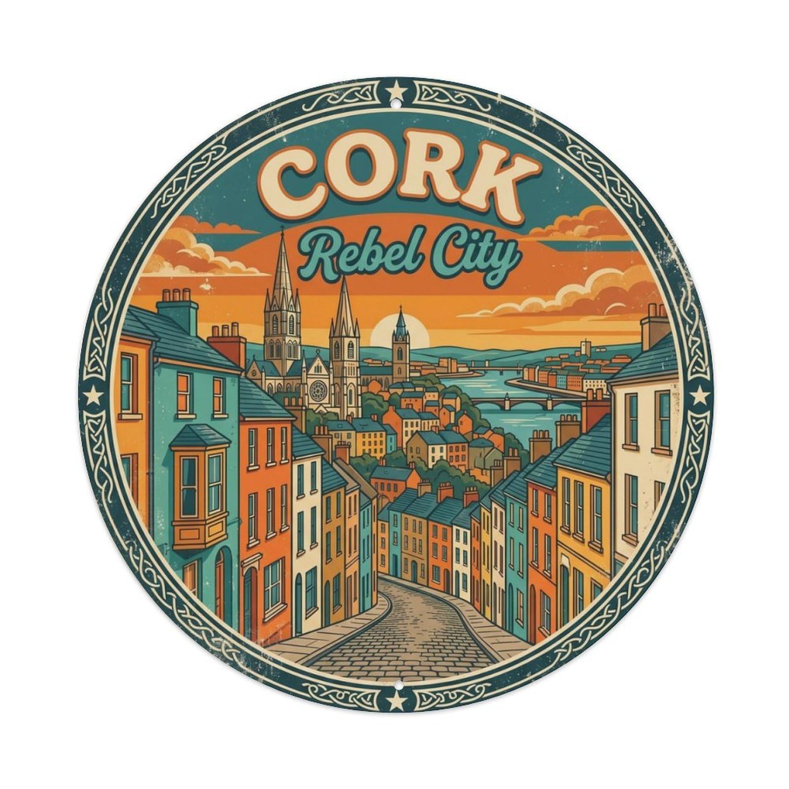 Vintage Travel Cork Historic Town Metal Tin Sign Plaque Wall Decor for Cafe, Club Bar, Office, Home Garden Round Metal Poster 8x8Inch