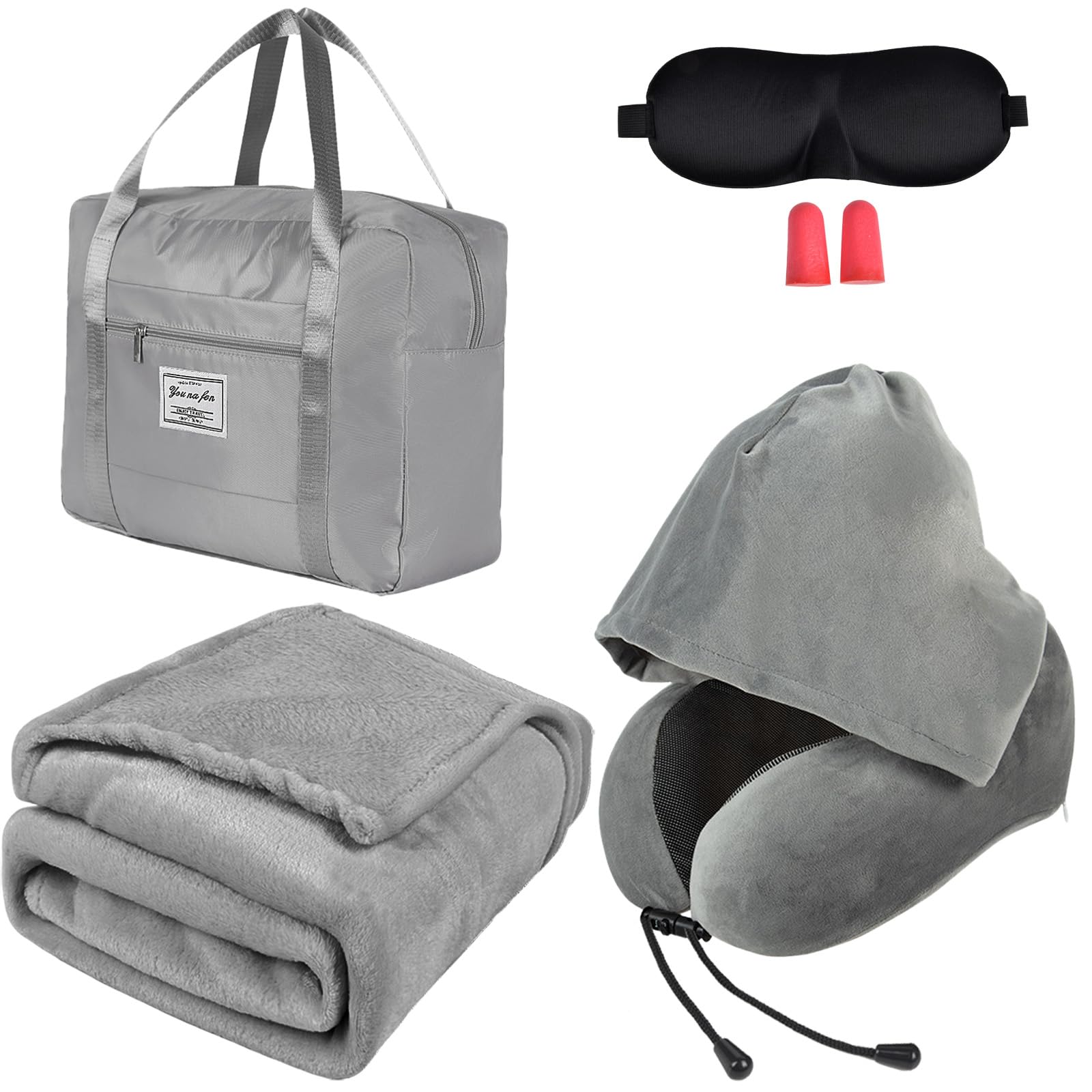 Travel Blanket Pillow Set - Travel Neck Pillow & Blanket for Airplane, Thick Fleece Plane Blanket, Hooded Memory Foam Neck Pillows, Foldable Duffel Bag, Sleep Mask, Earplugs for Plane Traveling, Gray