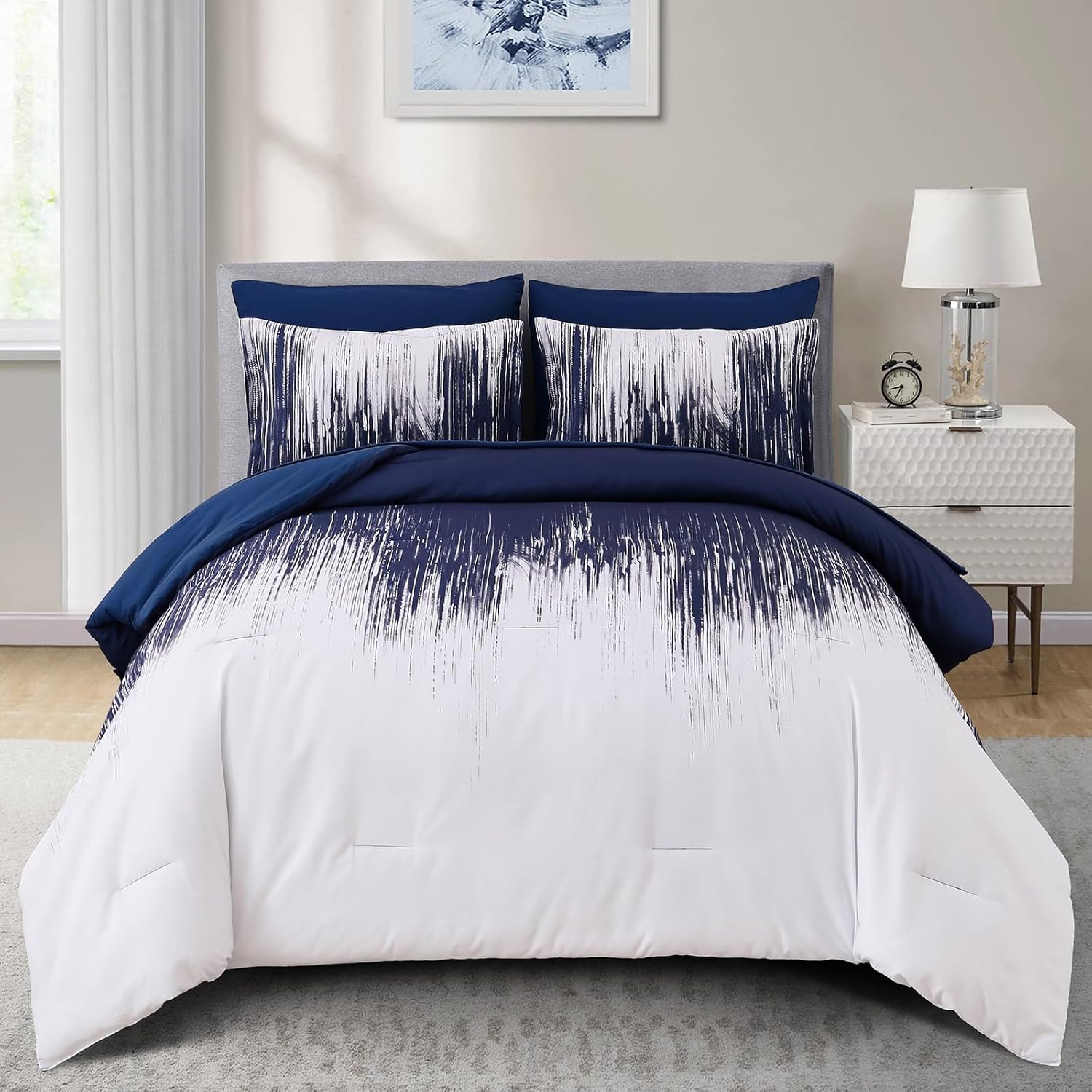Dinjoy Ombre Blue Comforter Set Queen Size Gradient Navy Blue White Boho Bedding Set for Teen Men Women 7 Pieces Bed in A Bag Bohemian Bed Set with Comforter, Sheets, Pillowcases & Shams