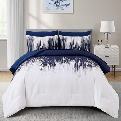 Dinjoy Ombre Blue Comforter Set Queen Size Gradient Navy Blue