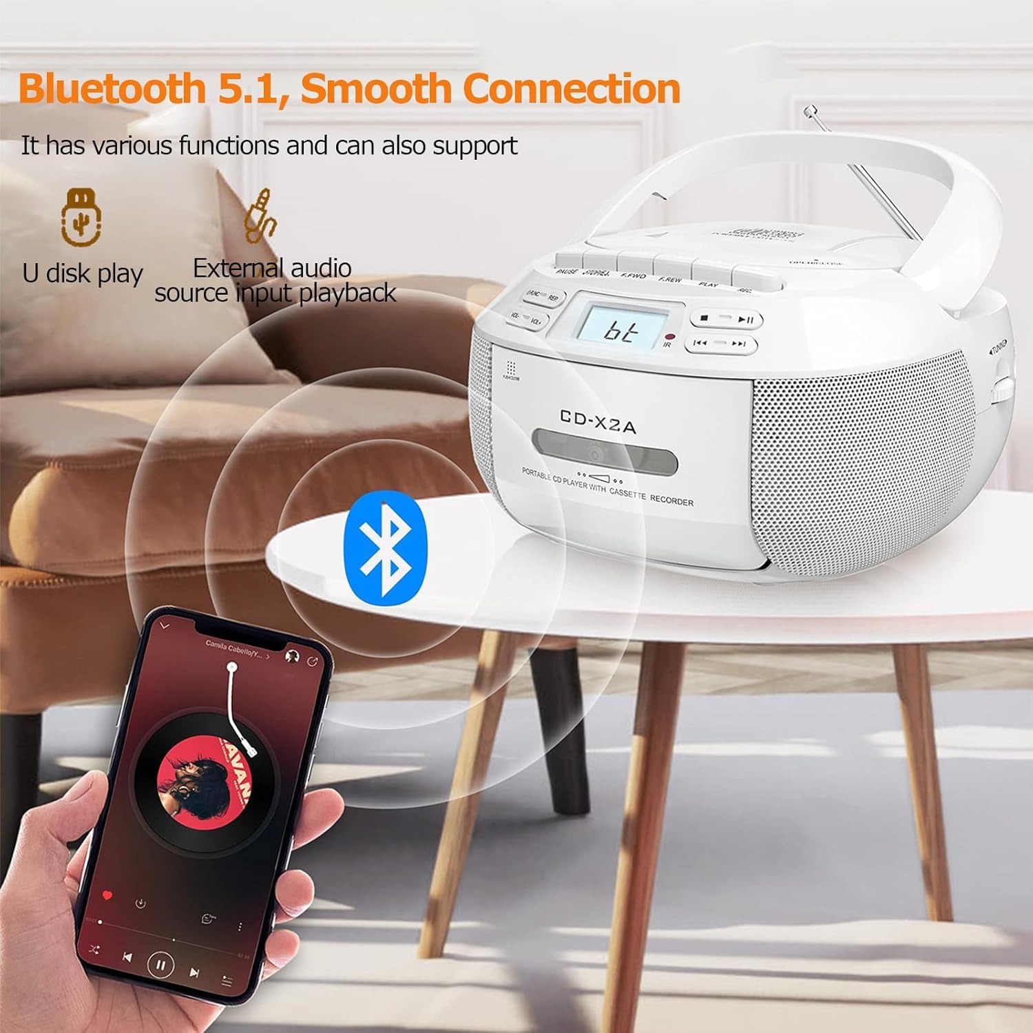 Odtwarzacz CD z radiem, zestaw kaset Boombox, Bluetooth, AM/FM, pilot zdalnego sterowania, podwójne głośniki dźwięk stereo, podwójny zasilacz do domu i dzieci