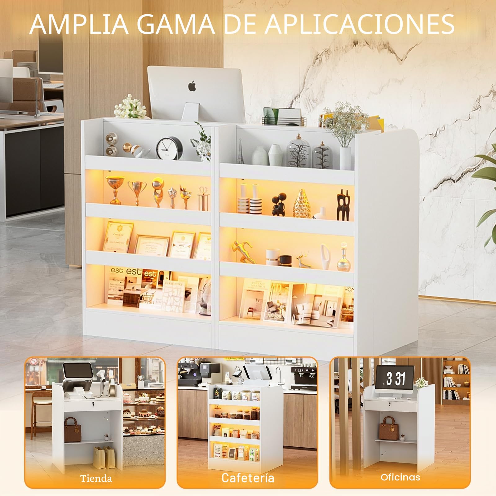 Mostrador de Recepción con Iluminación LED y Estante Expositor, Mesa de Mostrador con Cerradura y 4 Estantes, Pequeño Mostrador de Recepción para Oficina, Tienda, Salón, 95 x 60 x 60 cm, Blanco