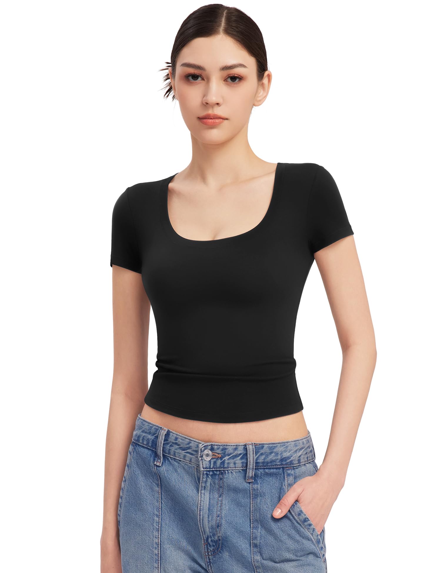 PUMIEY Women's T Shirts Short Sleeve Scoop Neck Basic Going Out Tops Fashion Slim Fit Tee Smoke Cloud Pro Collection