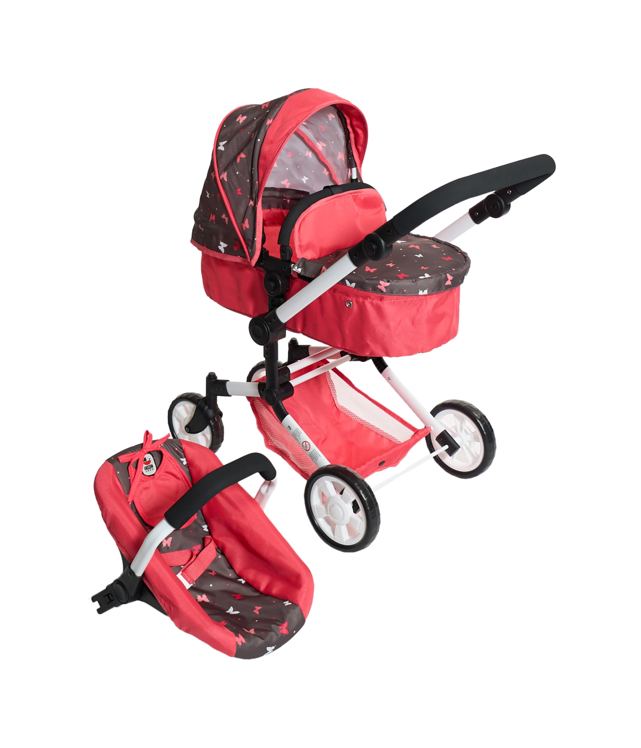 Bayer Chic 2000 Passeggino combinato 3 in 1 Linus – Butterfly Corallo – pieghevole, manico regolabile in altezza 47 – 78 cm, con seggiolino auto – Bambole fino a 52 cm, 4 – 8 J