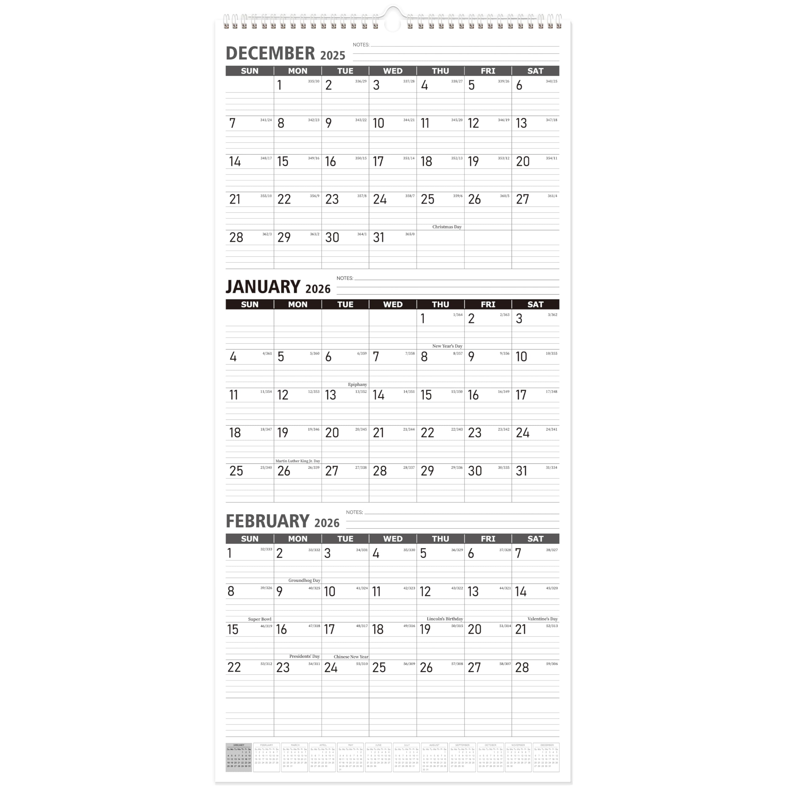 GuassLee Wall Calendar 2026, 12 Month Wall Calendar 2026 Vertical Runs From Jan 2026 to Dec 2026, 26"x12" Large Monthly Planner Wall with Big Numbers
