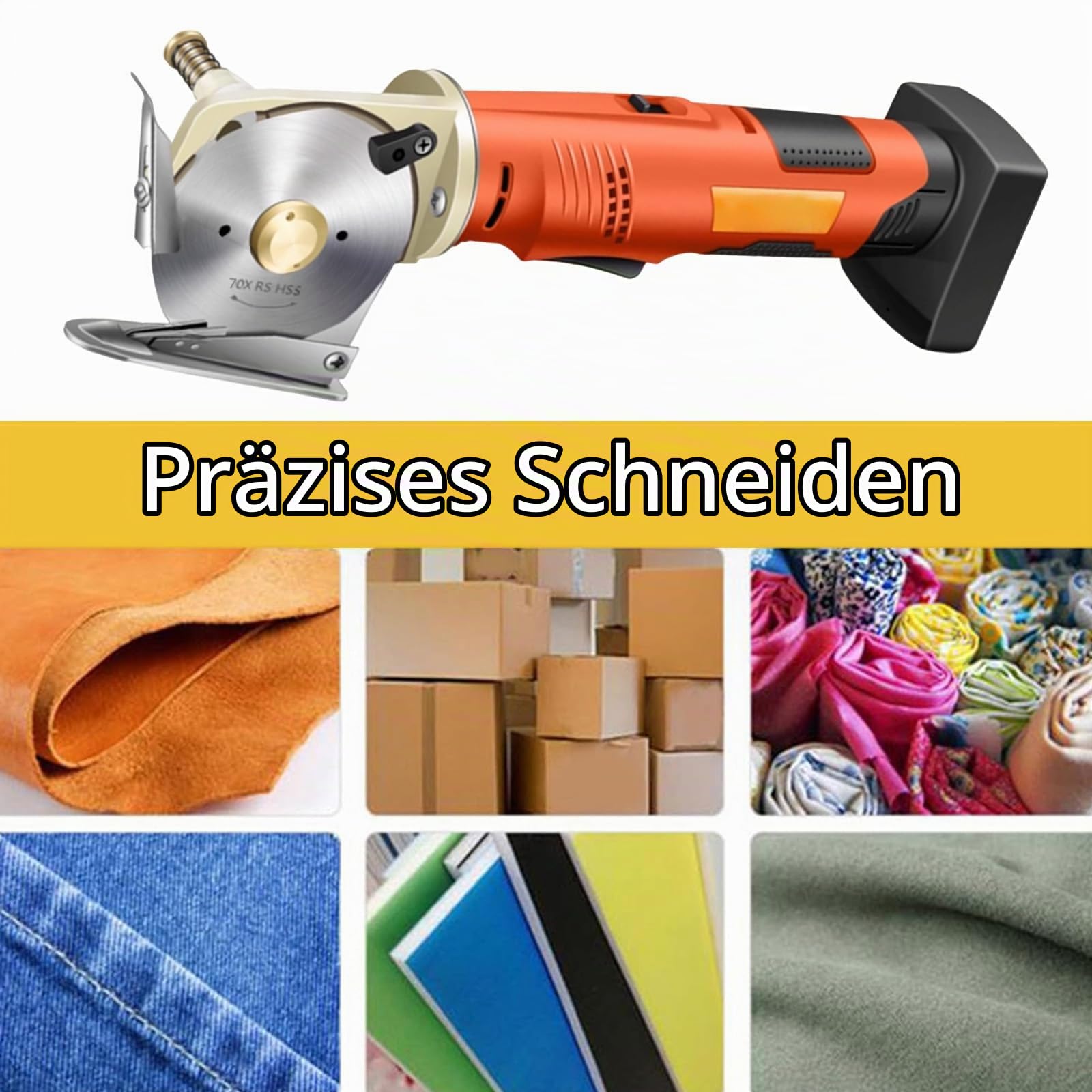 Kartonschneider, Stoffschneider Kabellos Elektrischer Stoffschneider 2 * 2000 mAh AKKU 12V 240W 70 mm Klingengröße 25 mm Max Schnittdicke Enthält 2 Ersatzklingen (insgesamt 3) für Tuch Stoff Teppich