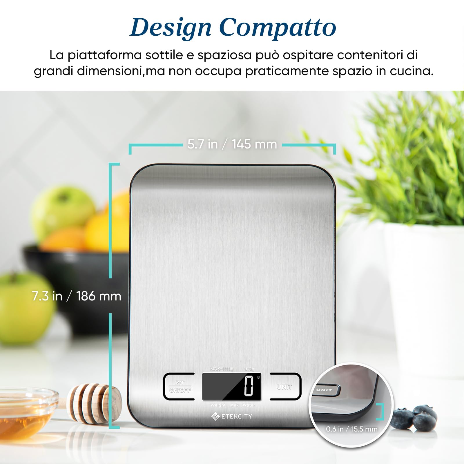 ETEKCITY Bilancia da cucina digitale elettronica da 5 kg con grande display LCD, bilancia da cucina ultra sottile, in acciaio inox, misurazione dei liquidi, alta precisione fino a 1 g, funzione tara