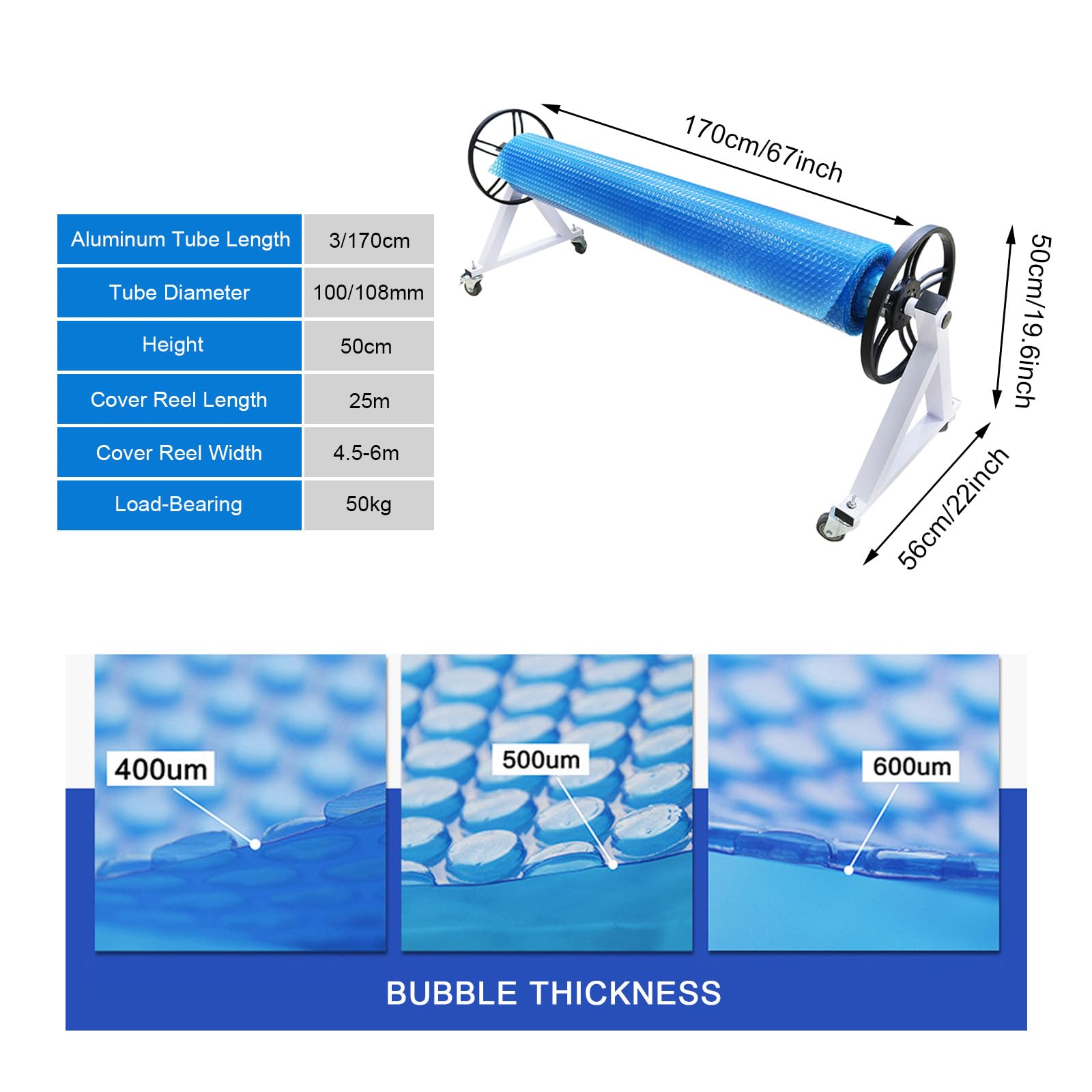 Sistema de Carrete de Piscina para Cubiertas de Piscina Rodillo de Cubierta de Piscina Telescópico de Aluminio con Ruedas Sistema de Carrete de Manta Solar para Piscinas Enterradas