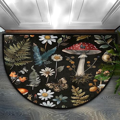 Tapete semicircular de plantas de bosque de hongos para puerta de entrada interior, hojas antideslizantes y absorbentes, 24 x 36 pulgadas, tapetes