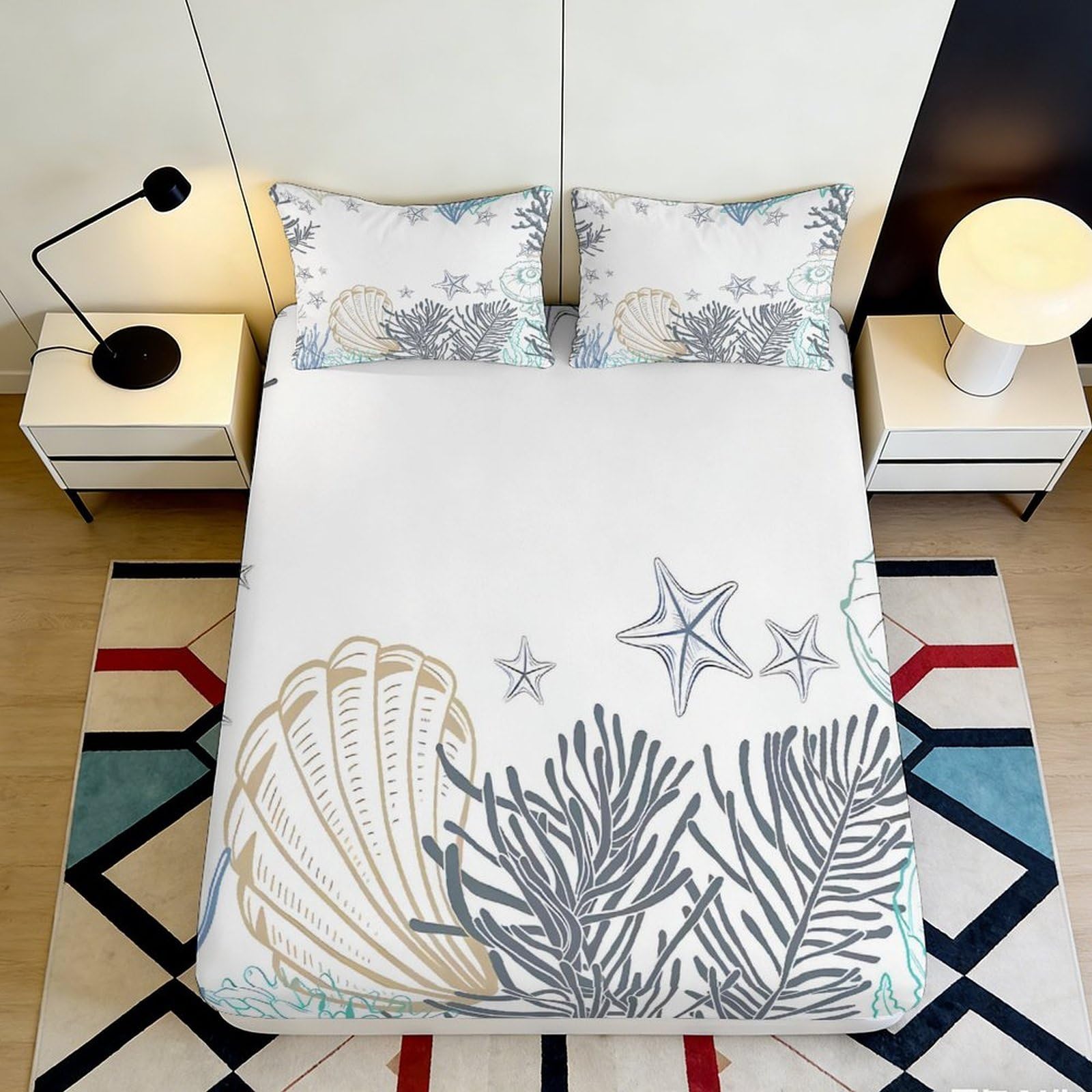 3D Printed Seashell Fitted Sheet Microfiber Soft Breathable Starfish Mattress Cover for Bedroom Guestroom Decor Protection 90x200x25cm