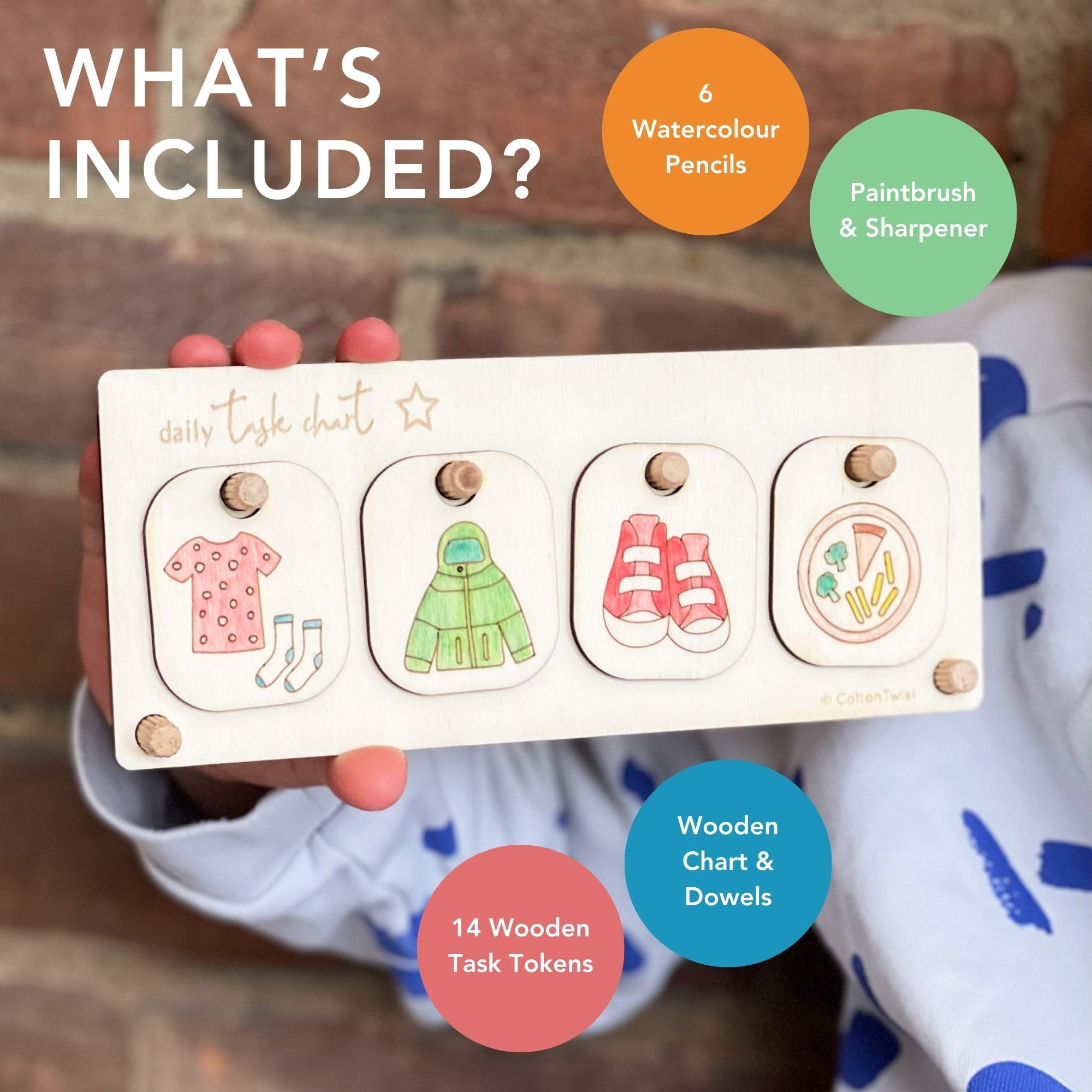 COTTON TWIST Kids Make Your Own Daily Task Chart Play Set, Stand with Tokens and Watercolour Pencils - Image 4