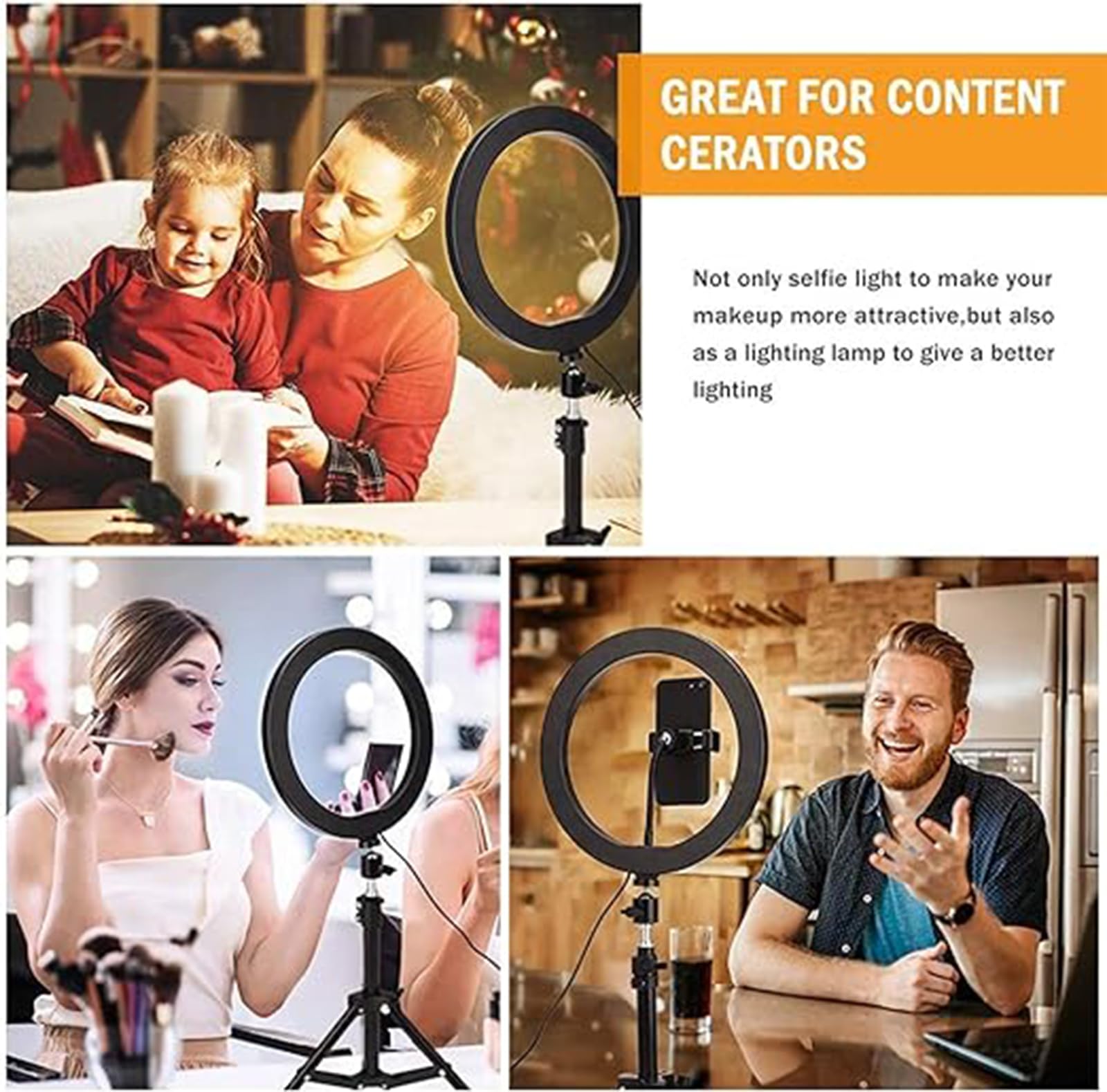 XUMI Anello luminoso a LED a intensità variabile da 10 pollici con supporto e supporto per telefono, scrivania treppiede regolabile per Youtube Video, Photography, Selfie, Vlog, Live Streaming, nero