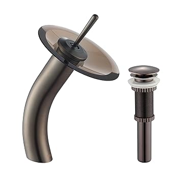 Kraus KGW-1700-PU-10ORB-BRCL Single Lever Vessel Glass Waterfall Bathroom Faucet Oil Rubbed Bronze with Brown Clear Glass Disk and Pop Up Drain
